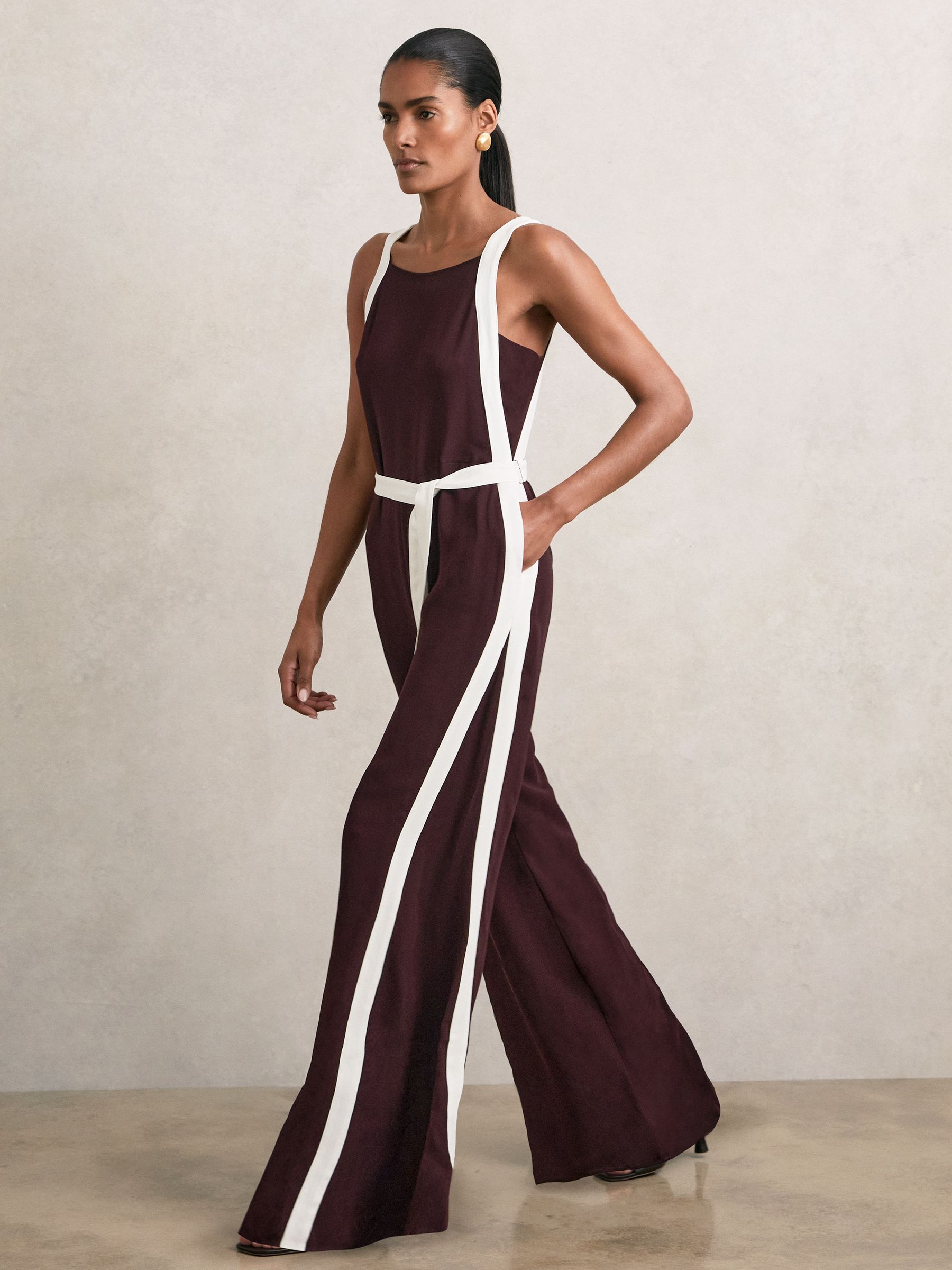 Petite Colourblock Wide Leg Belted Jumpsuit in Burgundy/Cream
