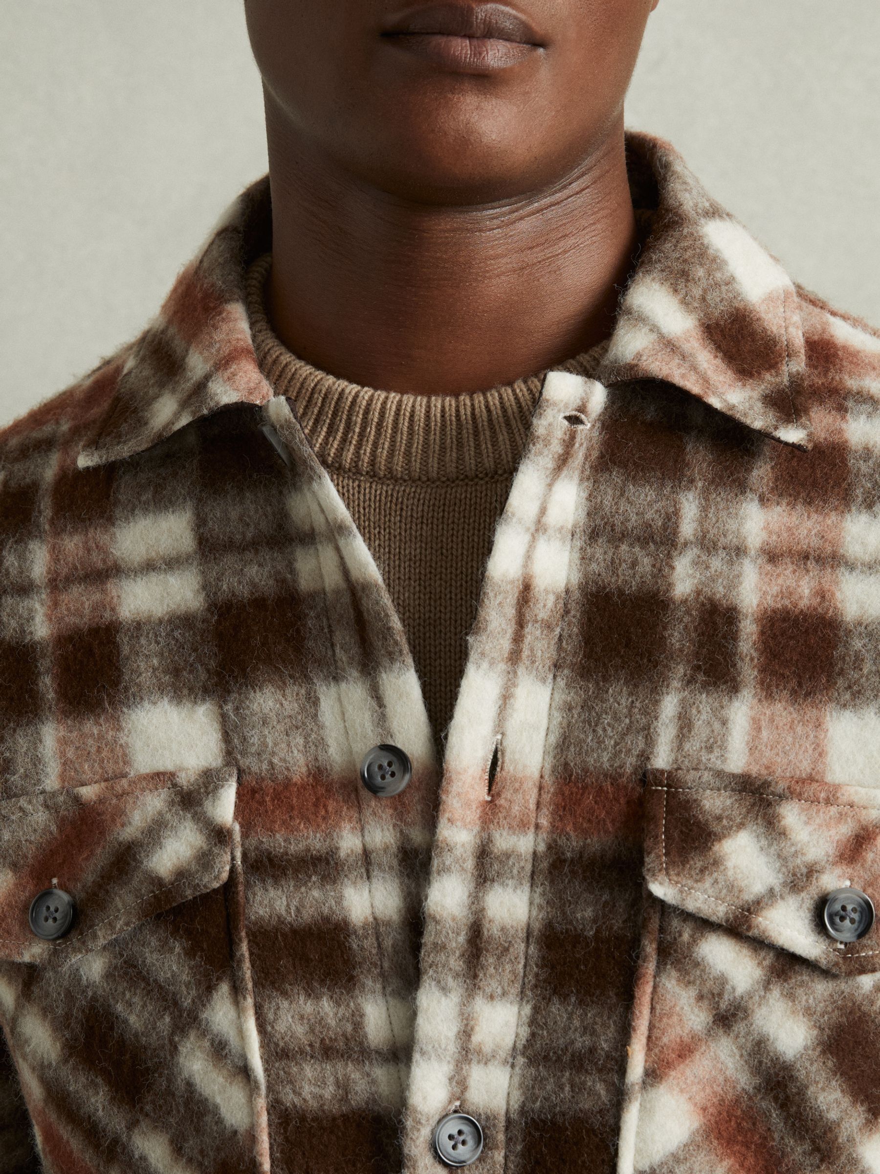 Patch-Pocket Checked Overshirt in Brown