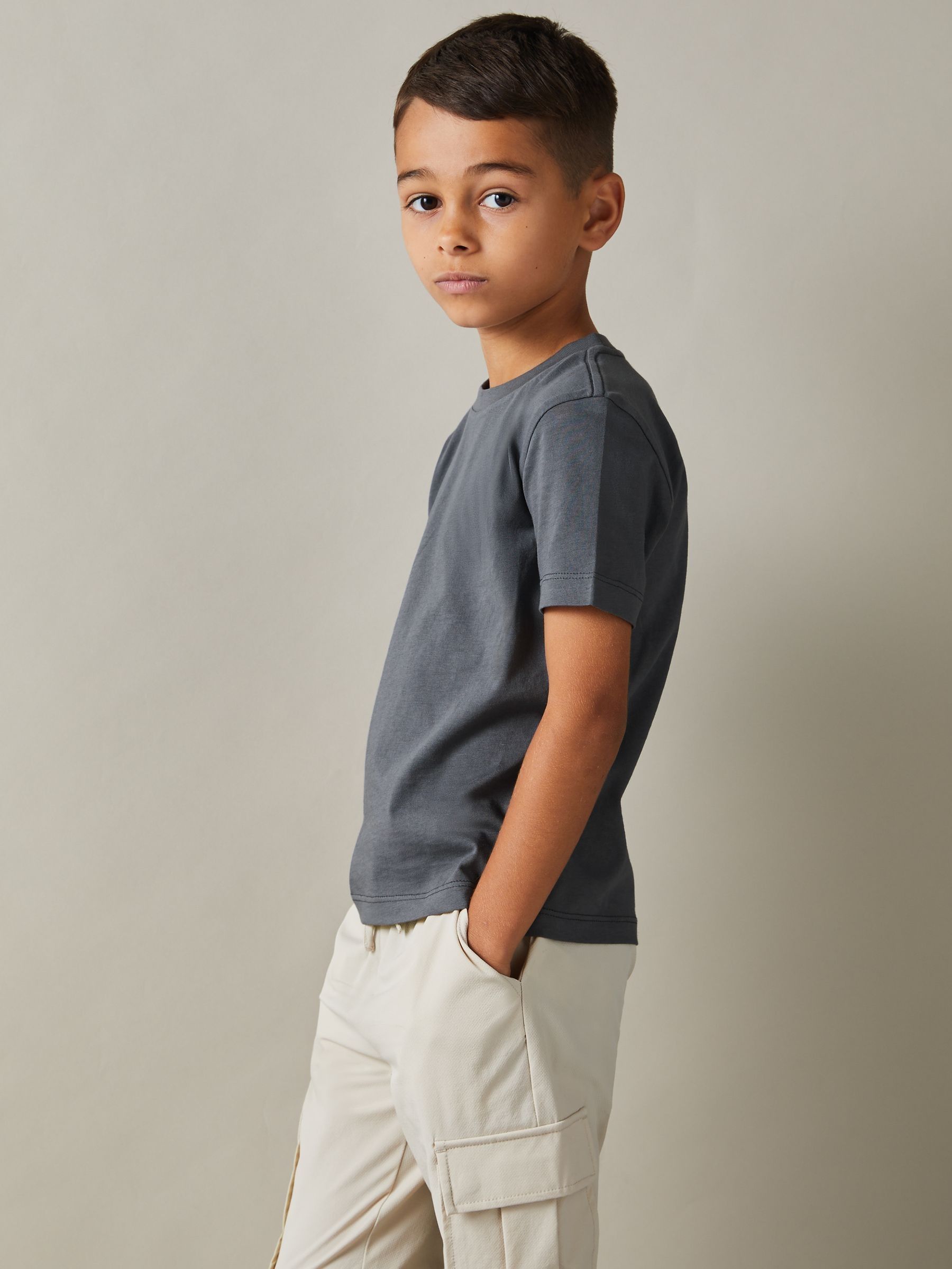 9-13 yrs Three Pack Of Crew Neck T-Shirts in White/Lichen Green/Steel Blue