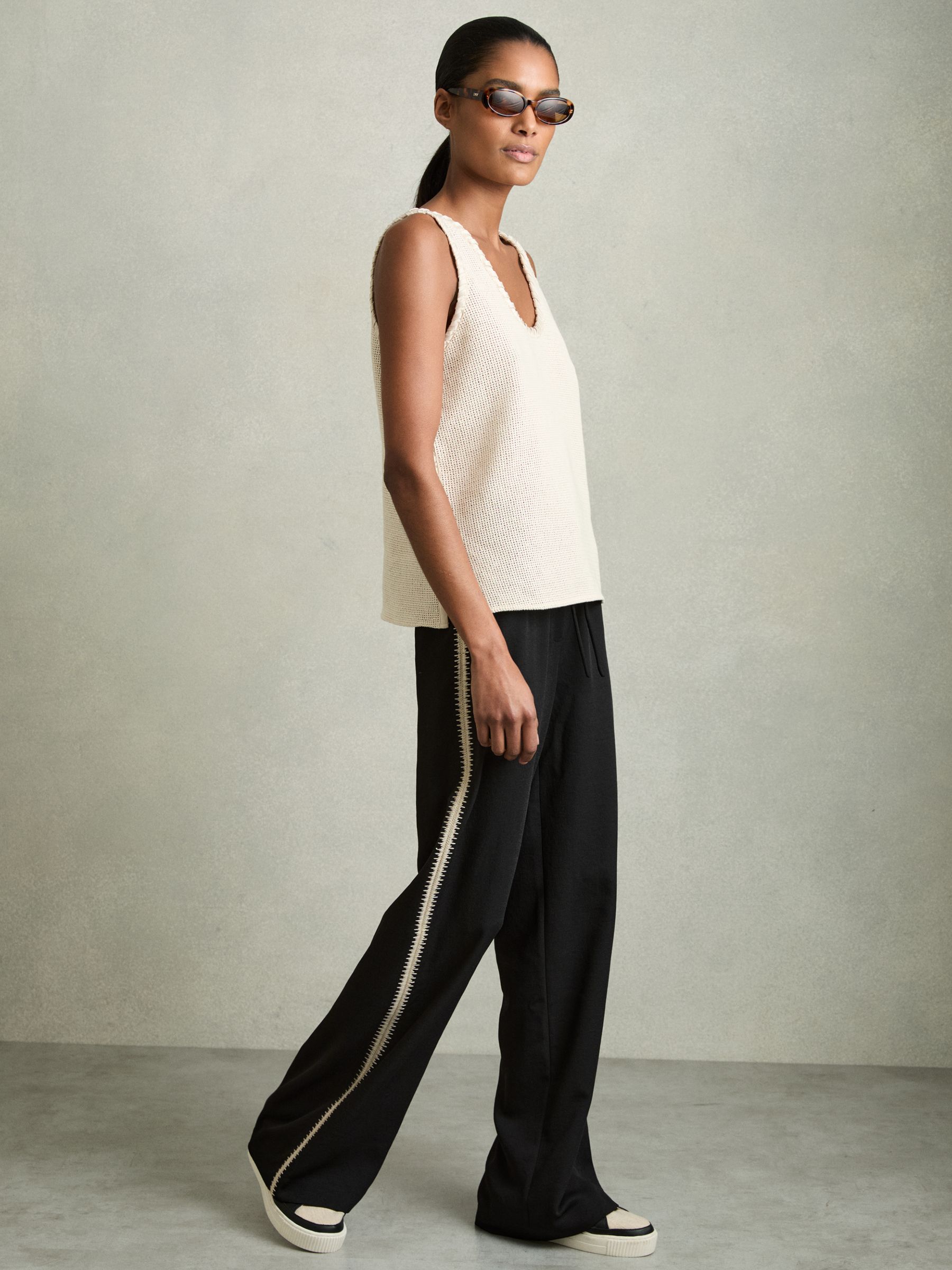 Petite Wide-Leg Embroidered Trousers in Black