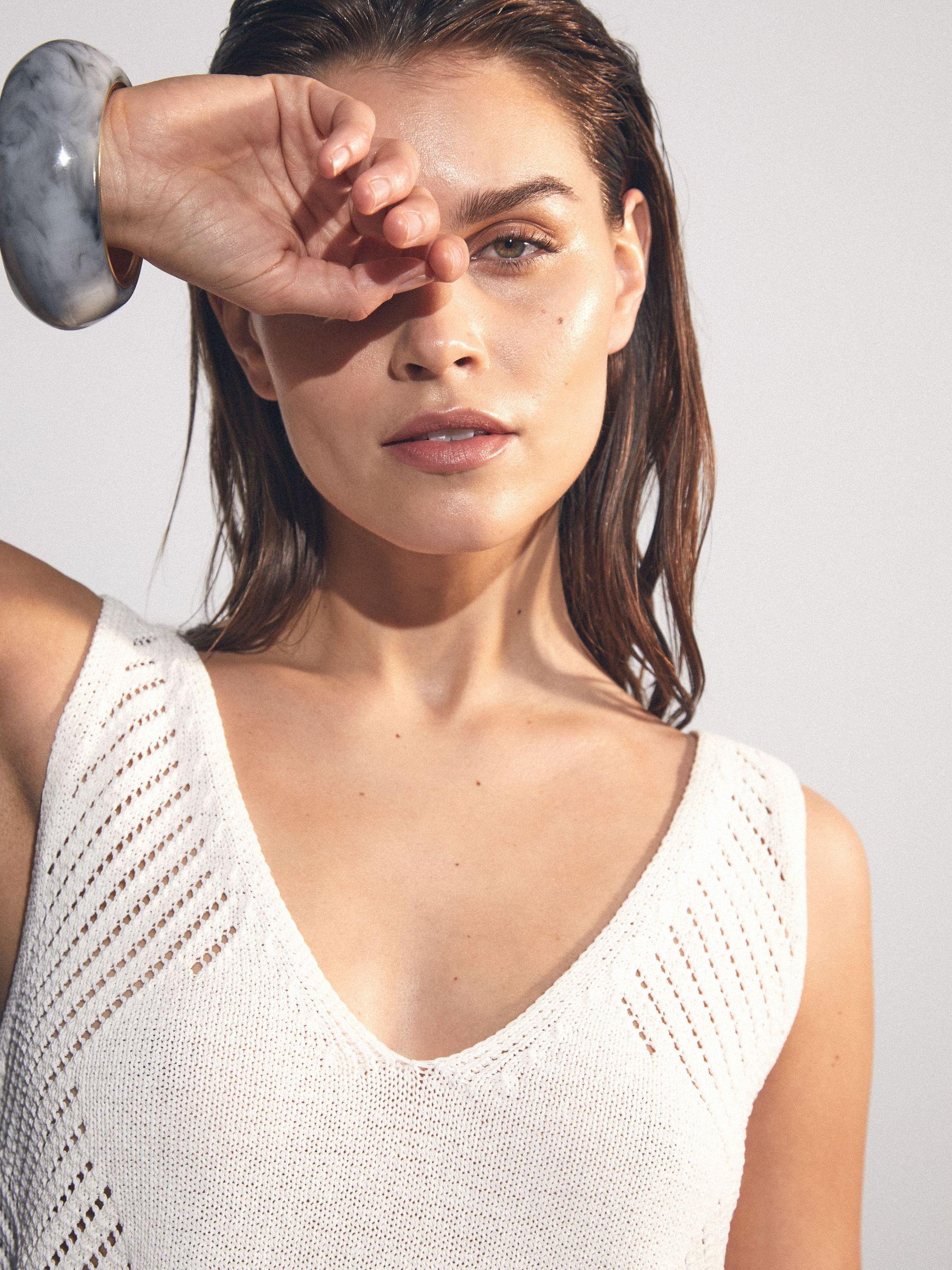 Cotton Blend Open Knit Vest in Ivory Cream