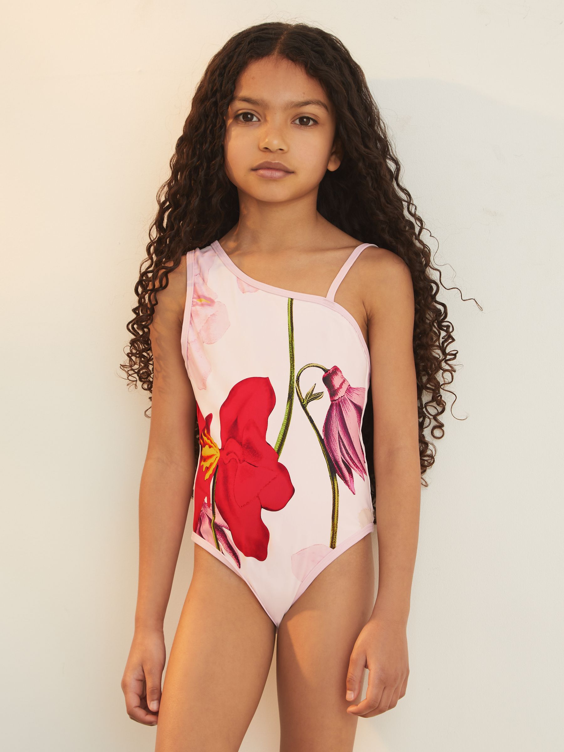 4-9 yrs Reiss | NYBG Floral One-Shoulder Swimsuit in Ivory