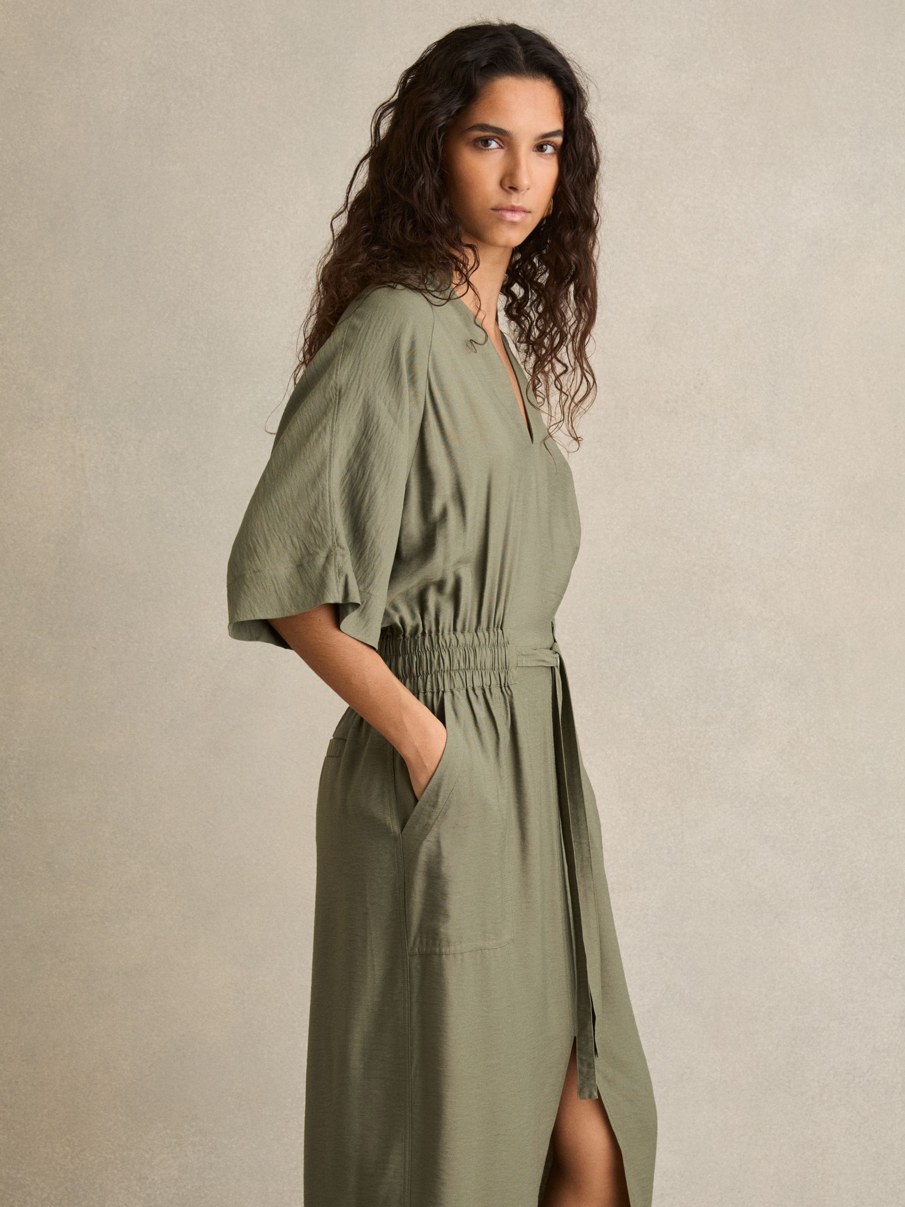 Petite Shirred-Waist Midi Shirt Dress in Khaki