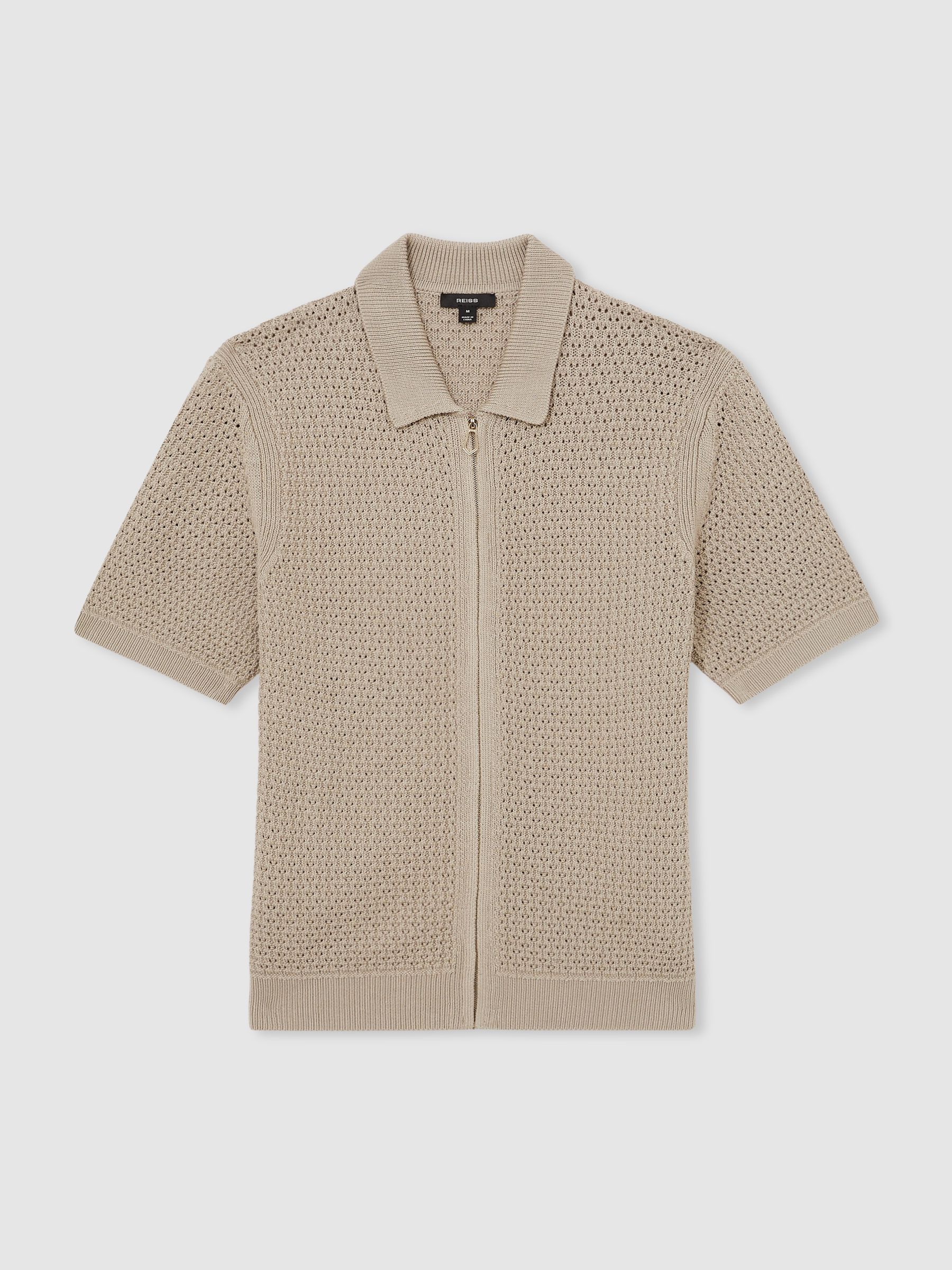 Textured-Knit Zip-Through Shirt in Stone