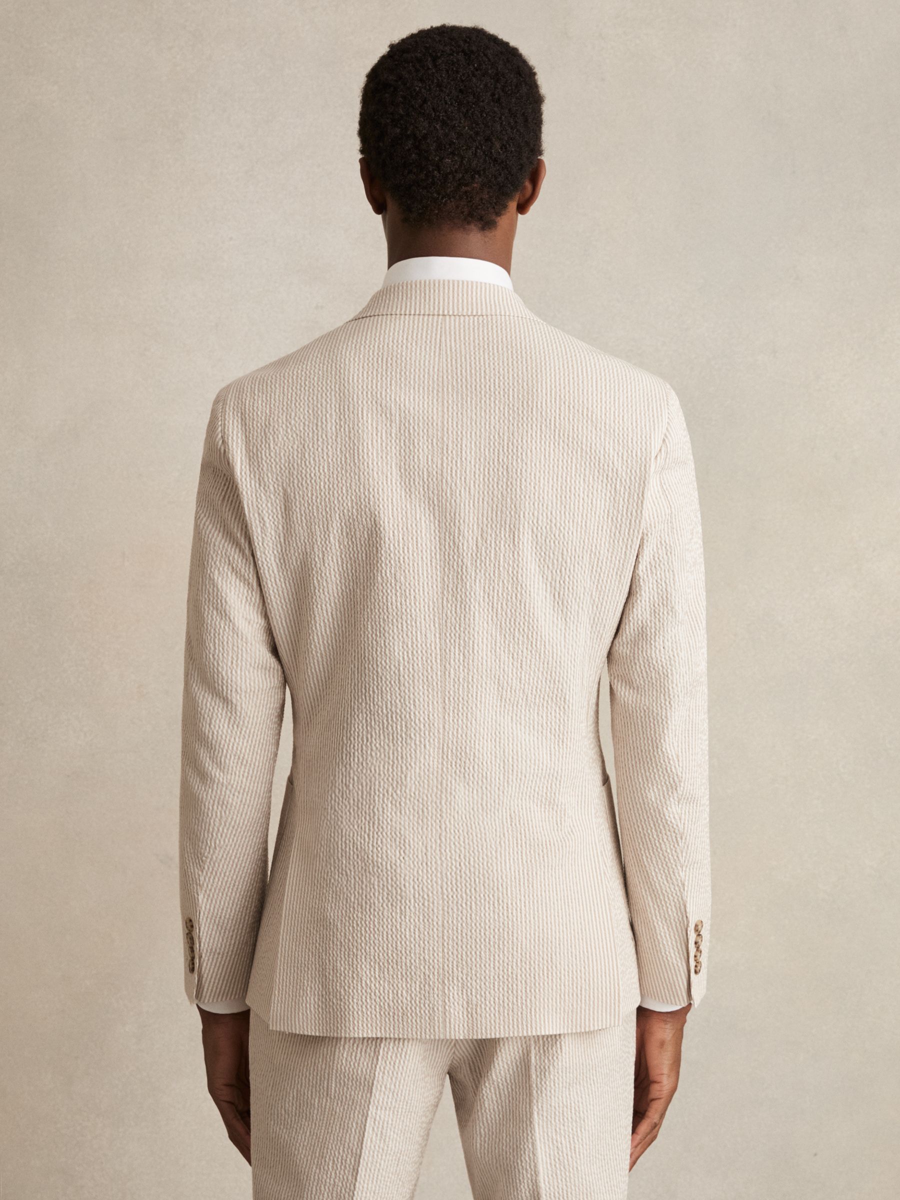 Seersucker Single-Breasted Suit Blazer Slim-Fit in Oatmeal/White