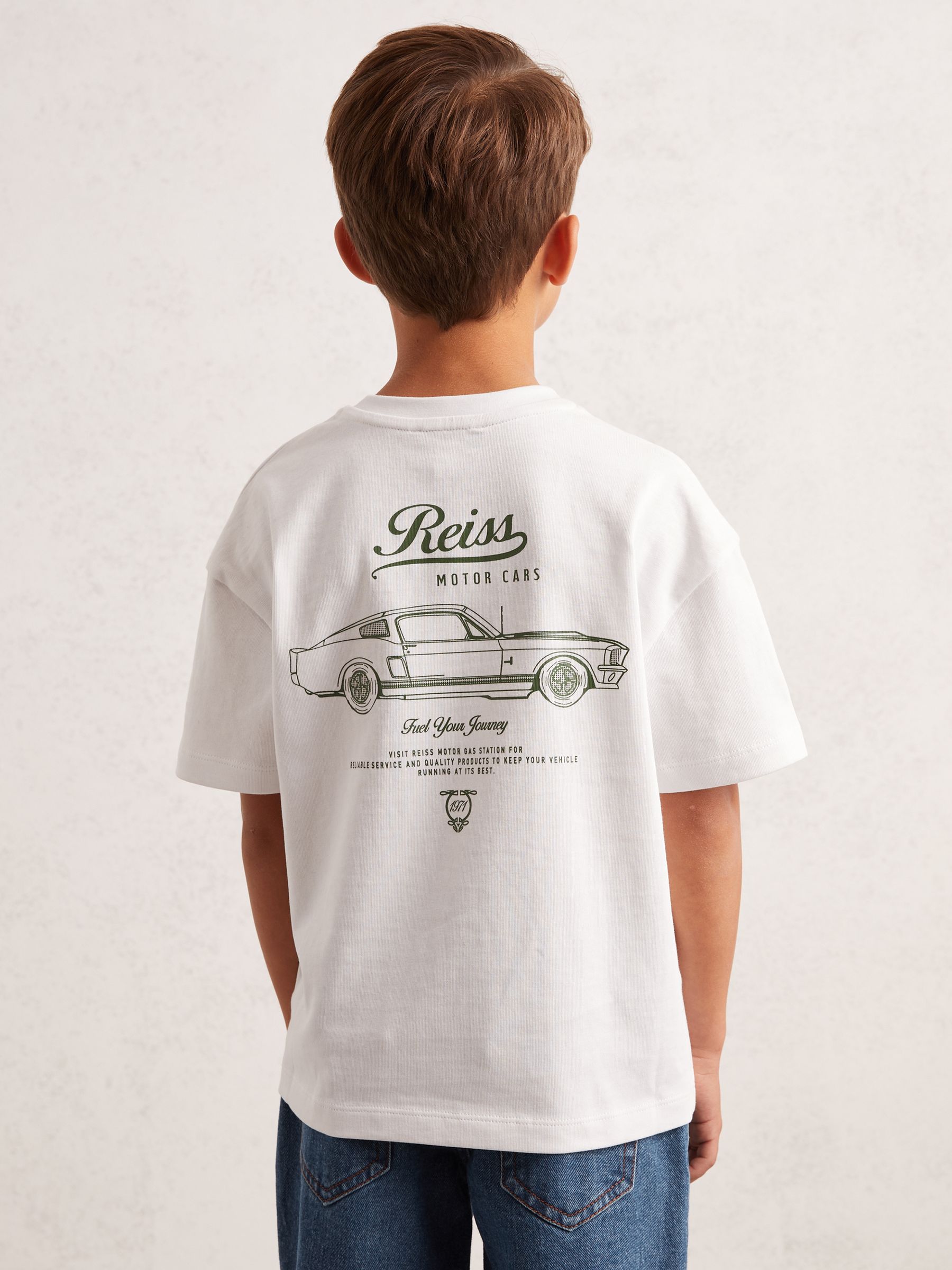 13-14 yrs Cotton Motor Cars-Print T-Shirt in White/Green