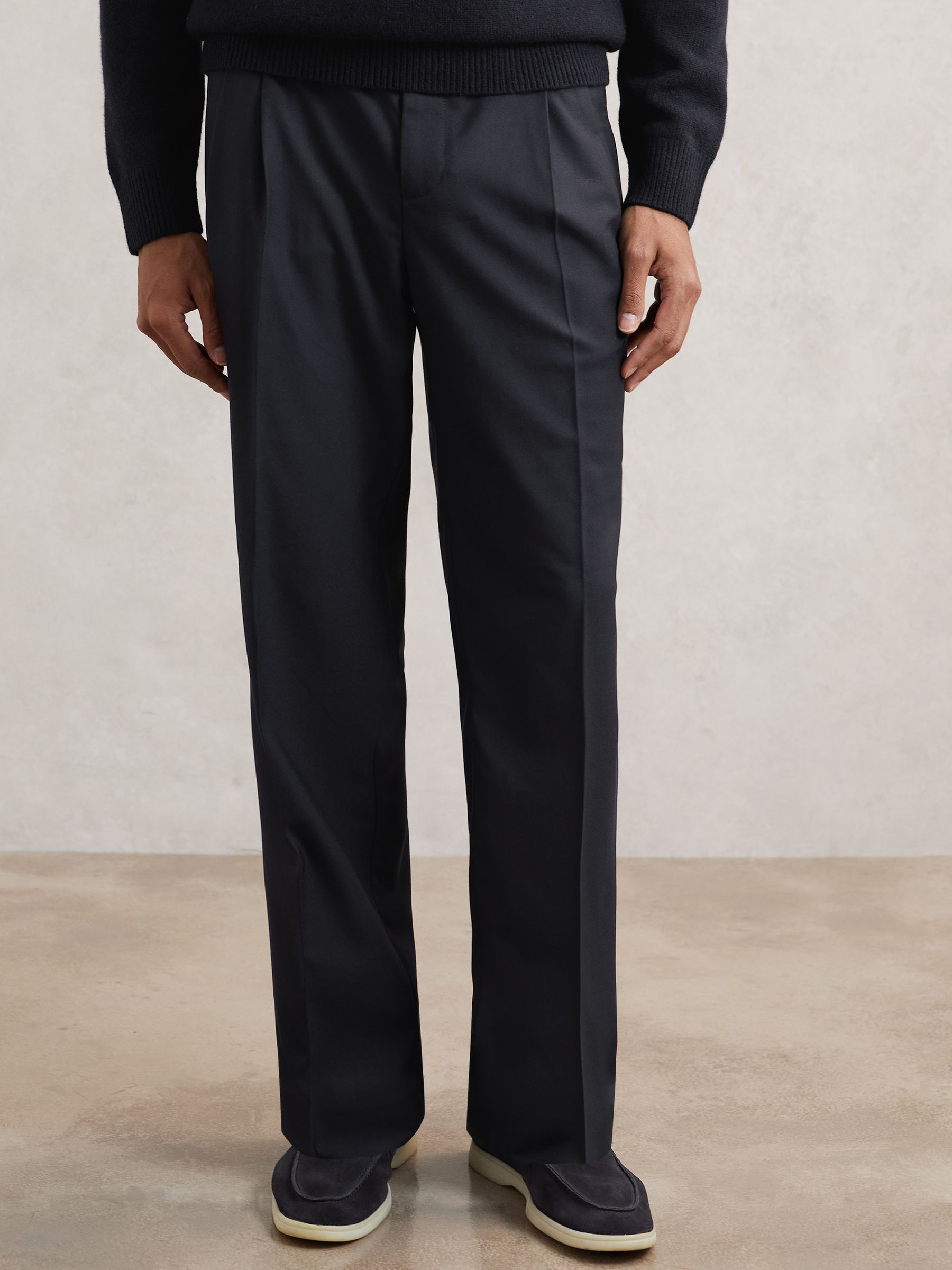 Wide Leg Pleated Drawstring Trousers in Navy