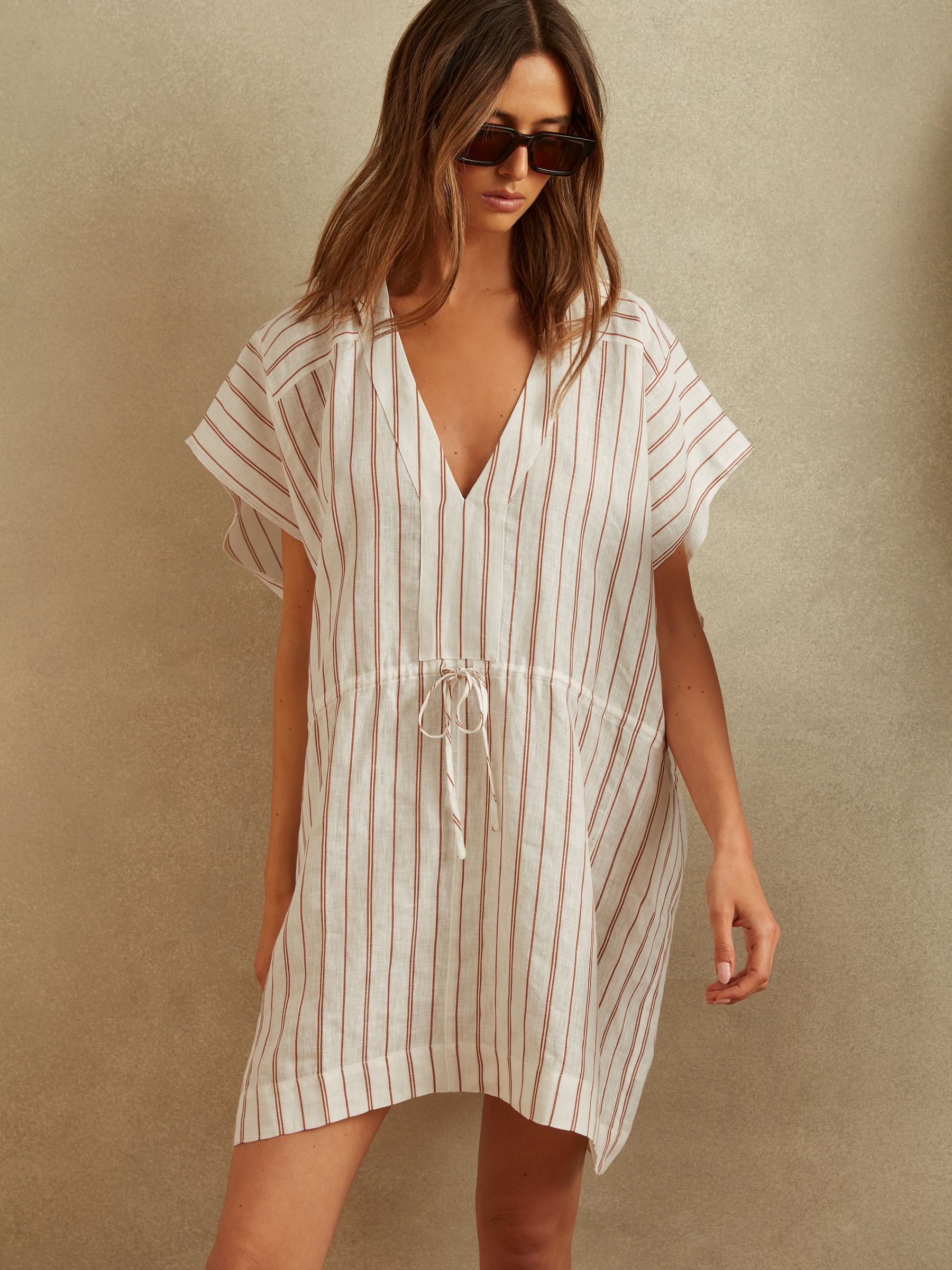 Linen-Cotton Striped Kaftan in Cream/Brown