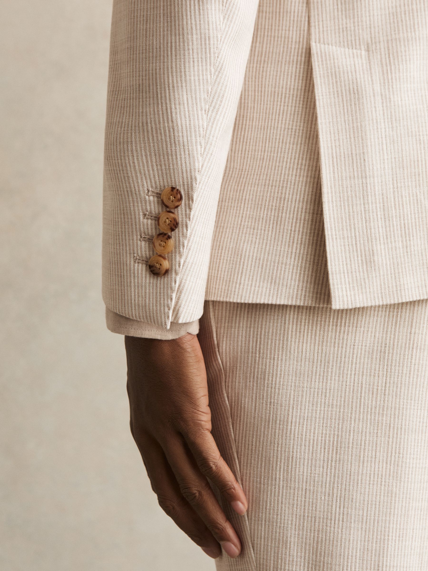 Slim Fit Single Breasted Pinstripe Suit Blazer in Oatmeal/White