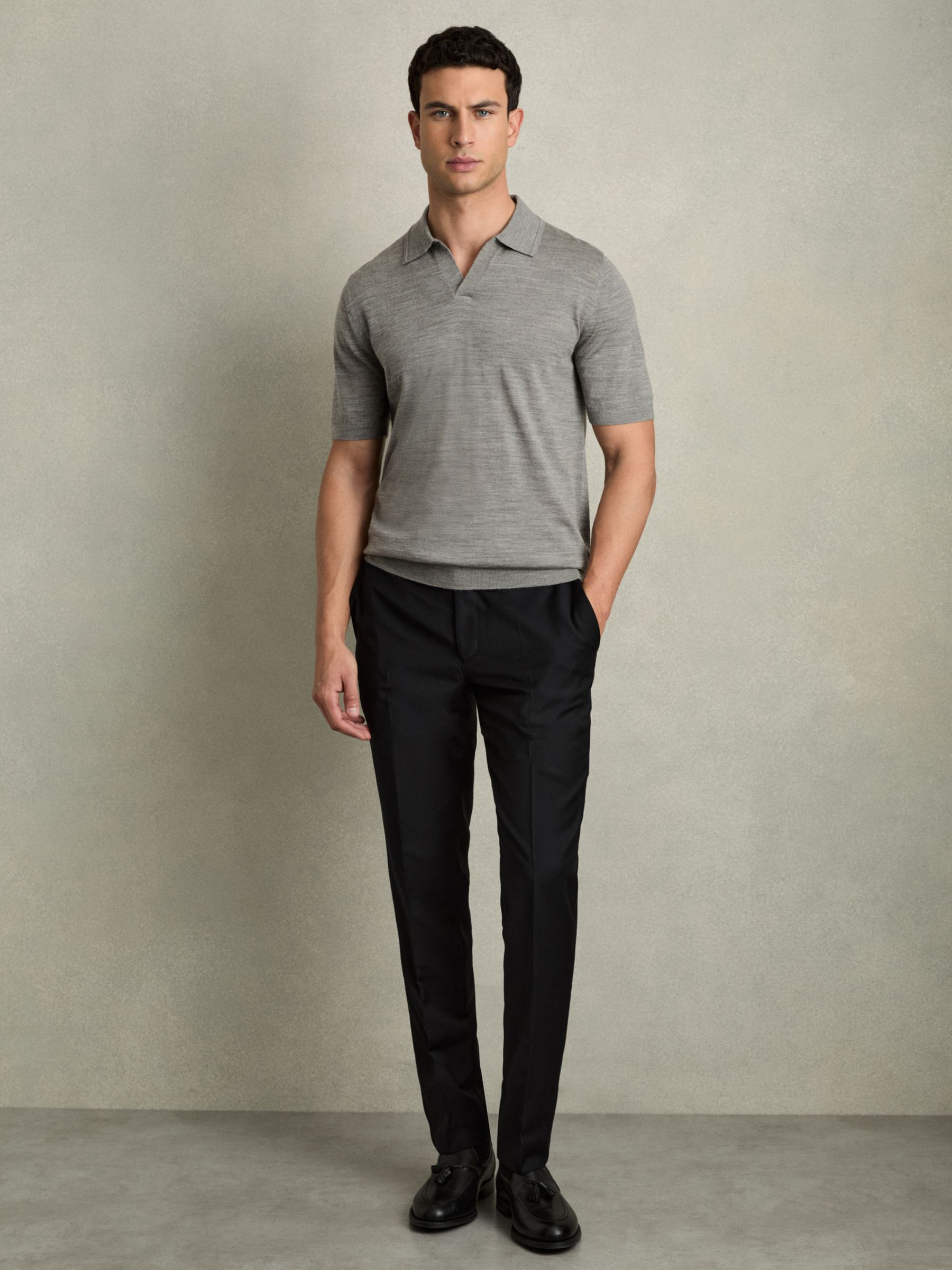 Merino Wool Open Collar Polo Shirt in Warm Grey Melange