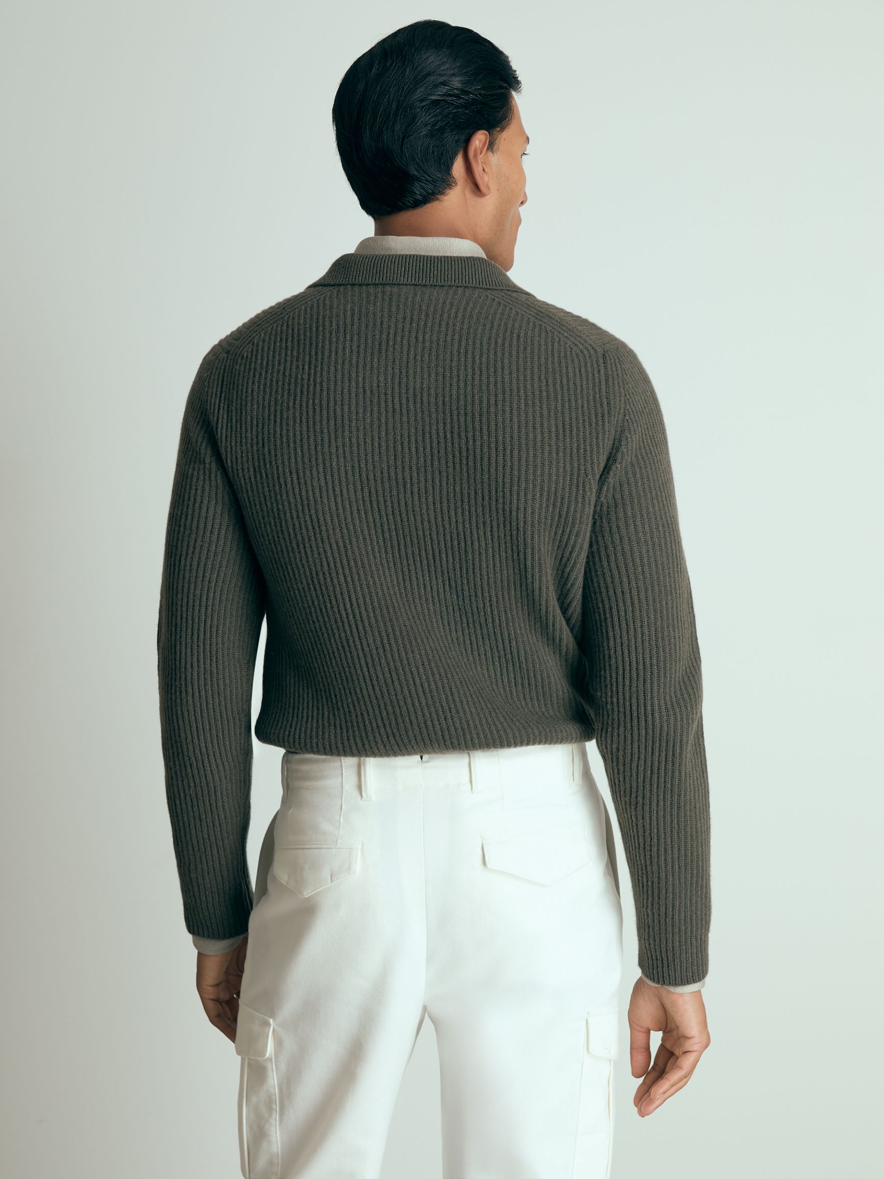 Atelier Ribbed-Cashmere Polo Shirt in Military Green