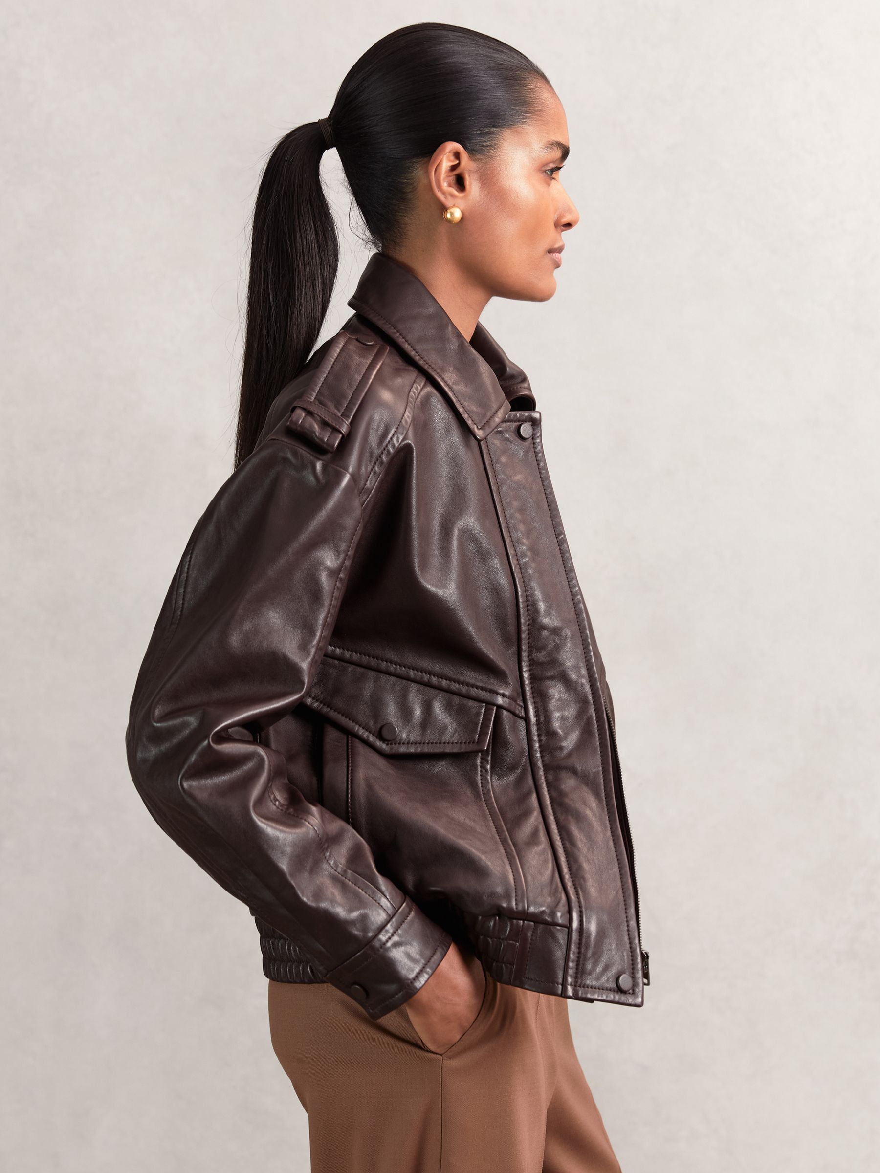 Oversized Leather Jacket in Aubergine