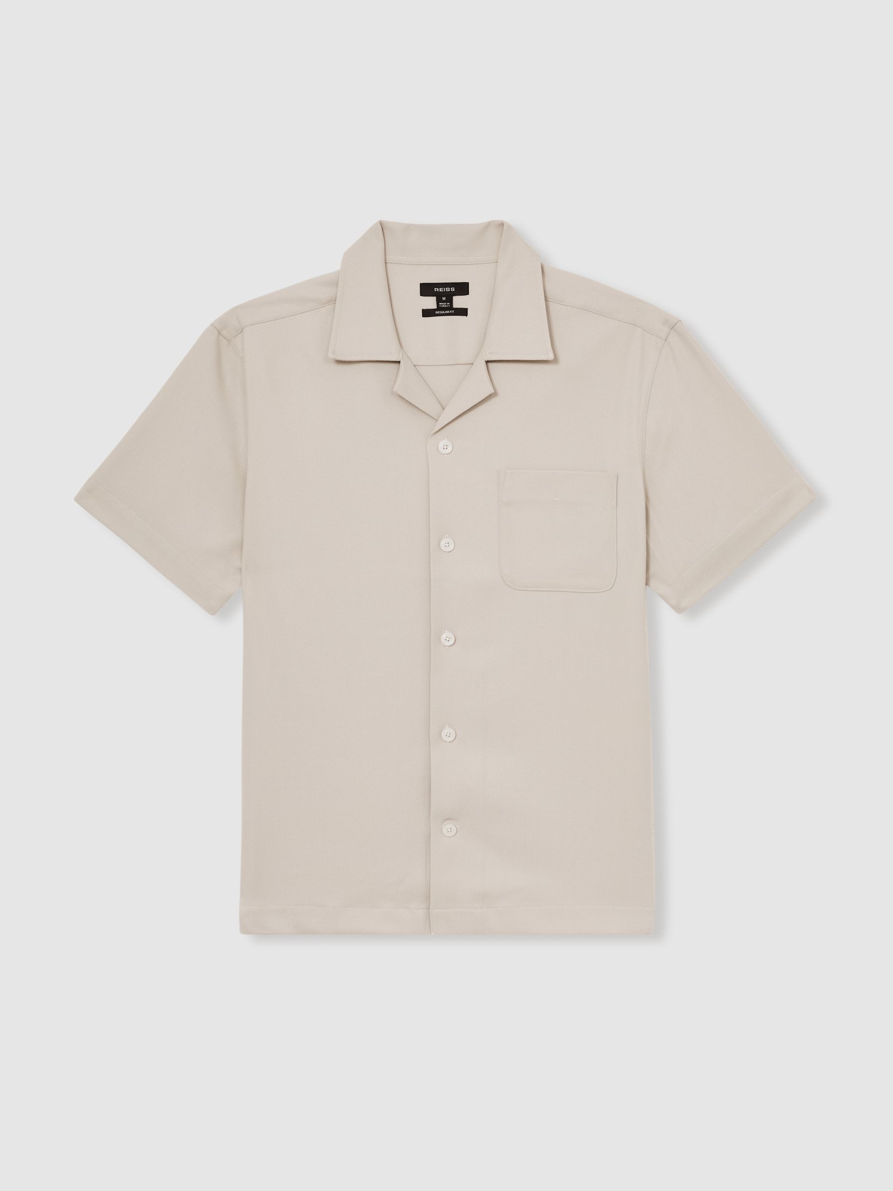 Herringbone Twill Cuban Collar Short Sleeve Shirt in Stone