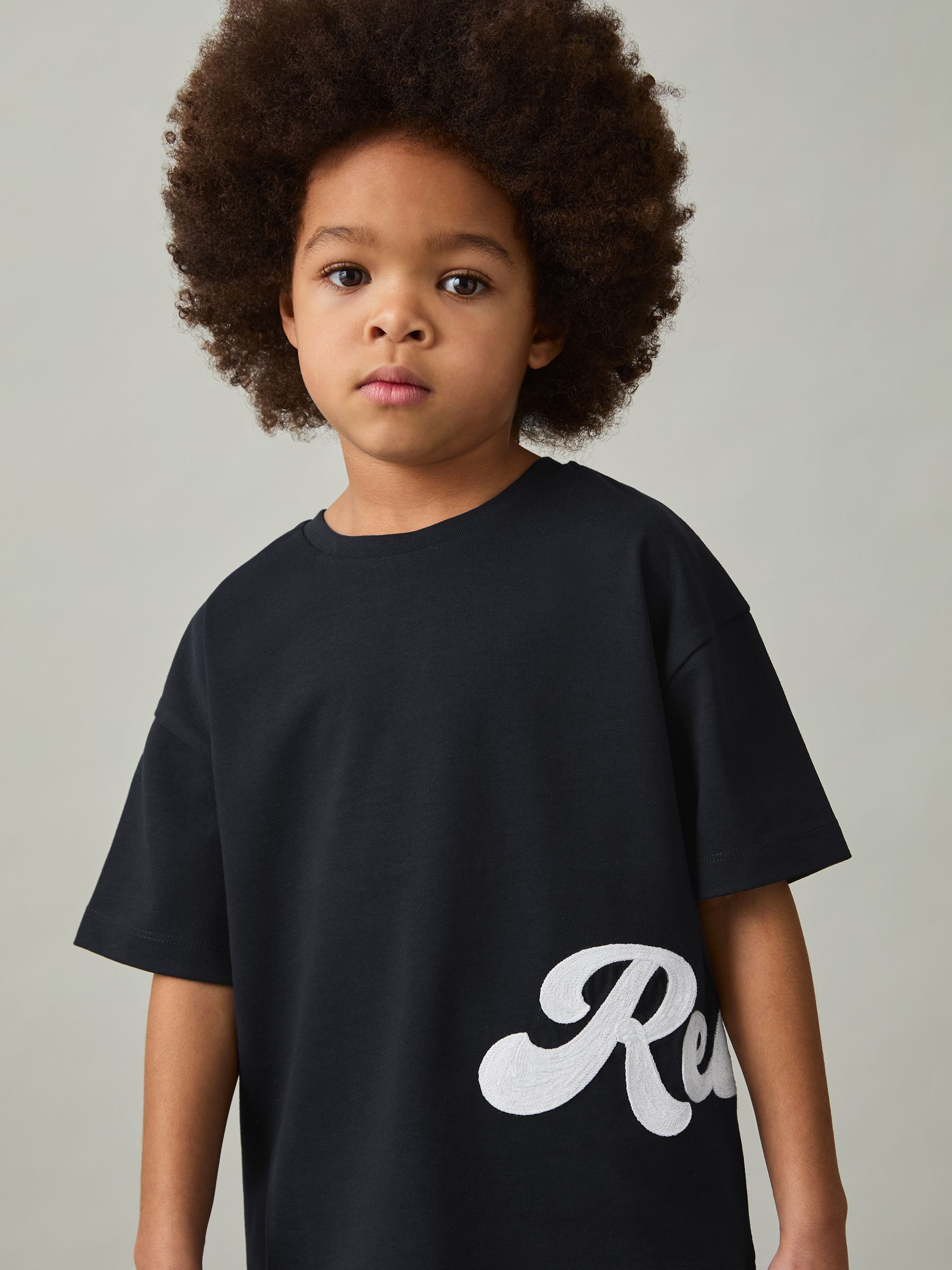 3-9 yrs Cotton Script-Logo Oversized T-Shirt in Navy