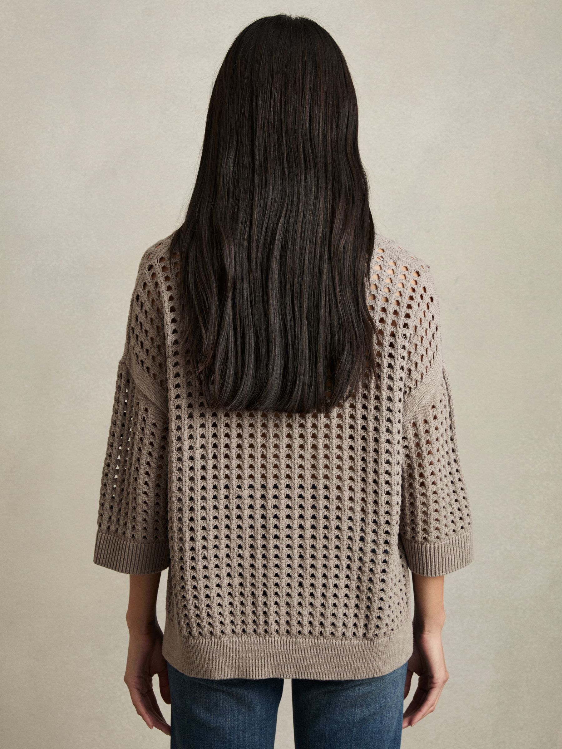 Cotton Crochet Collared Jumper in Stone