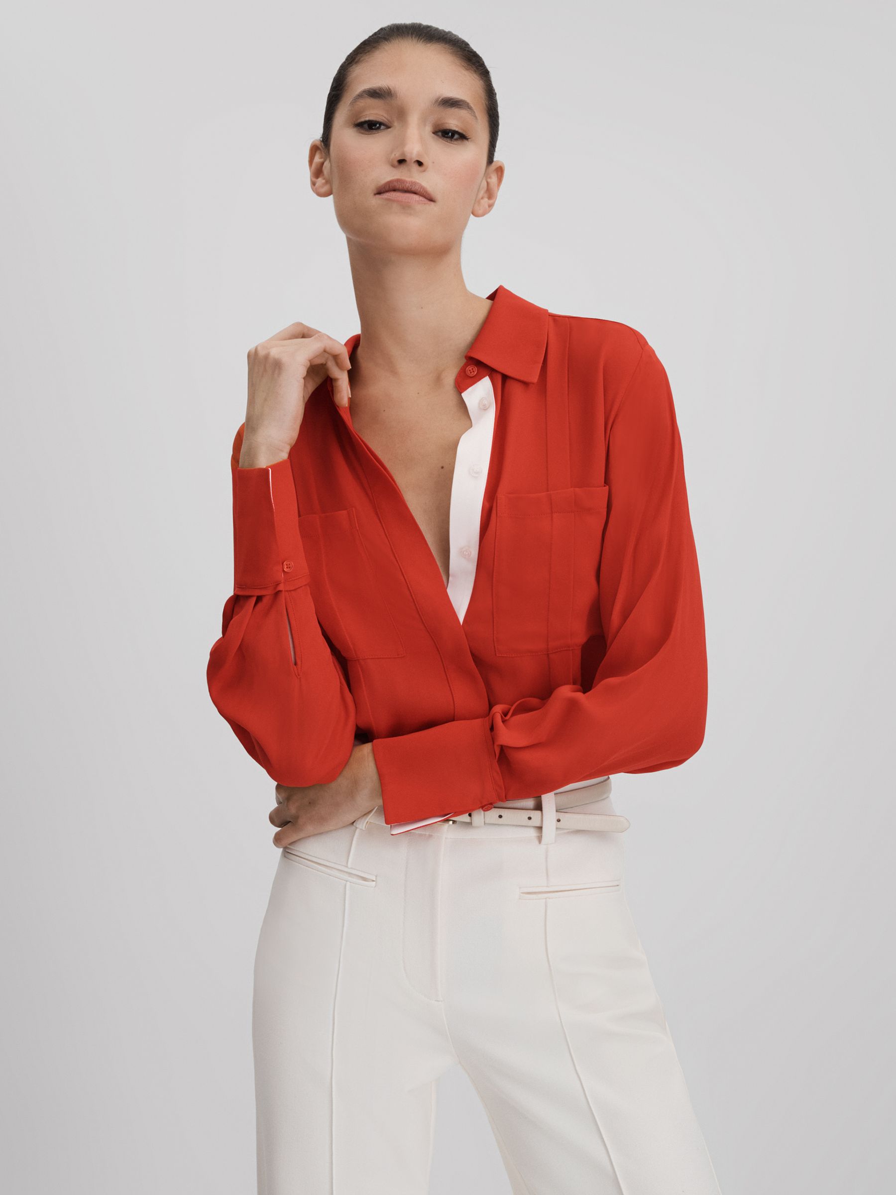 Contrast Trim Button-Through Shirt in Red