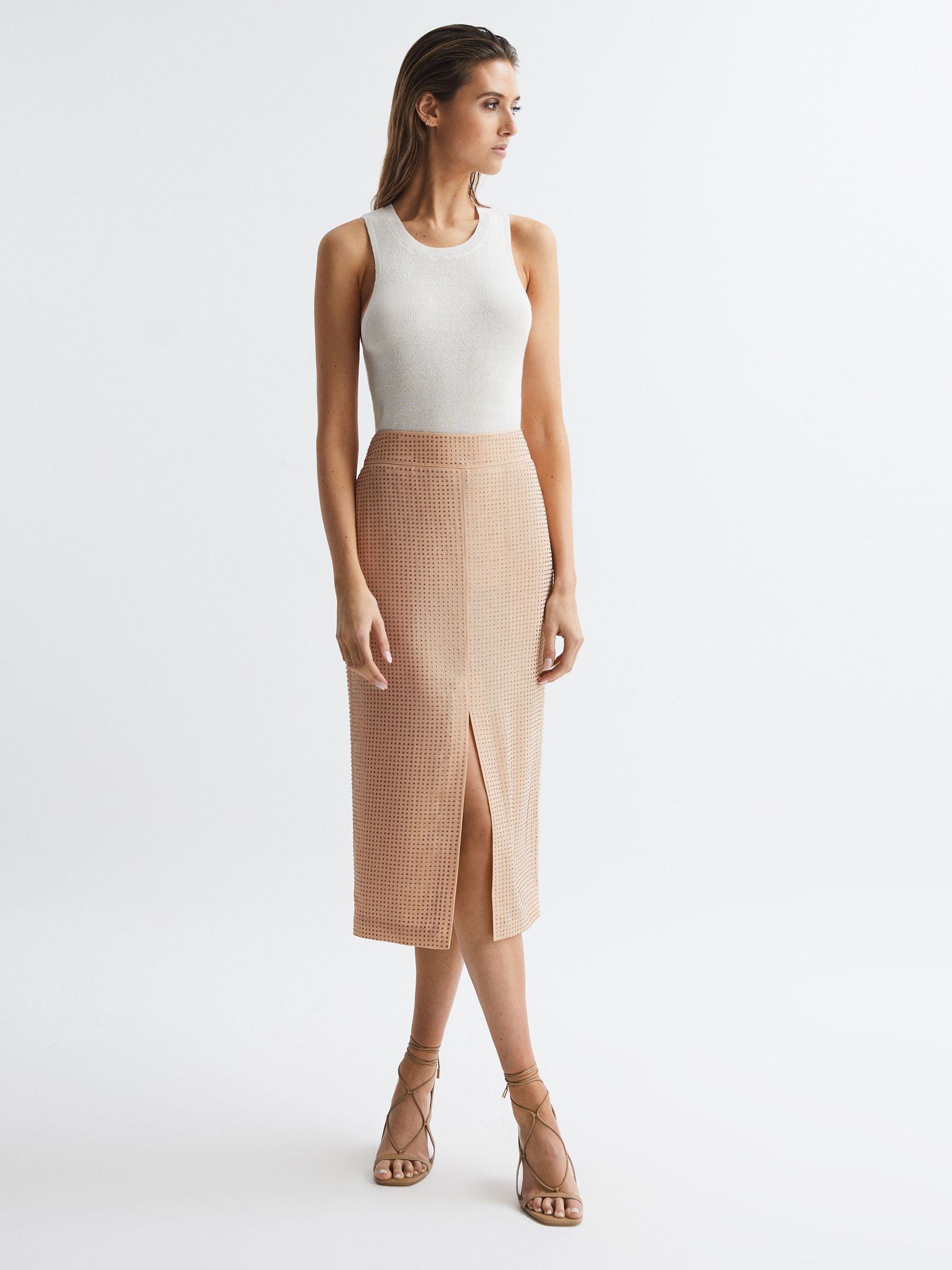 Embellished High Rise Midi Skirt in Nude