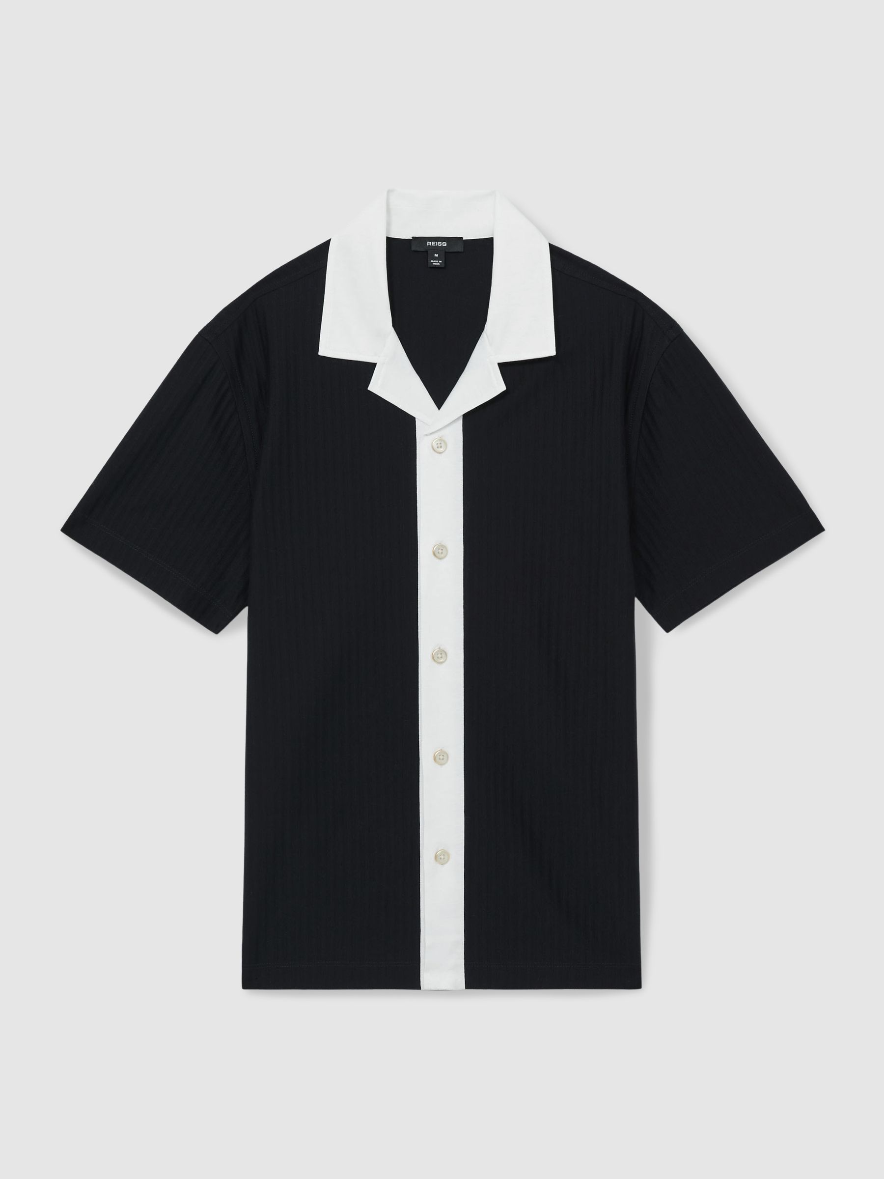 Cotton Textured Colour-Block Shirt in Navy/White