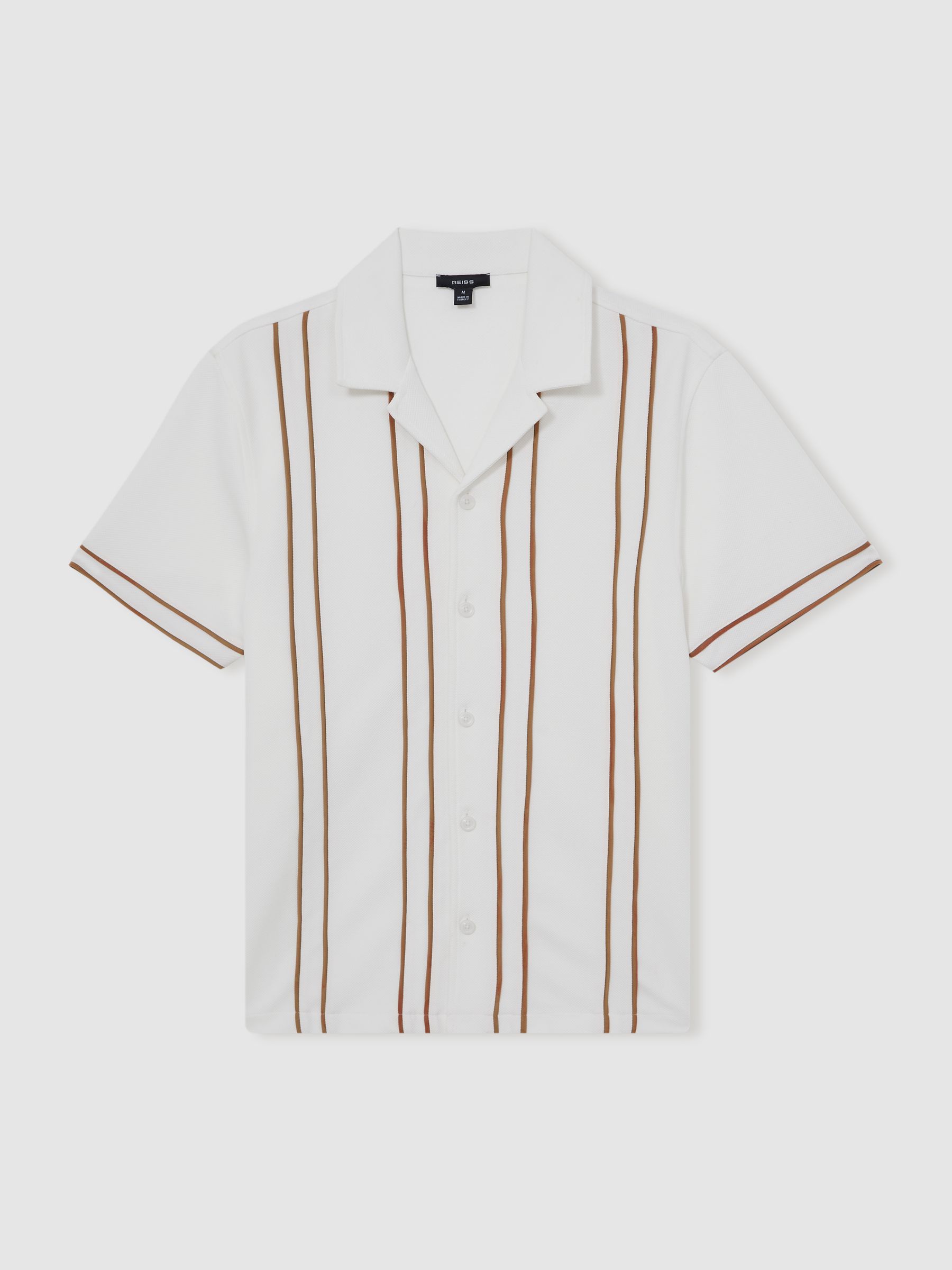Piped-Stripe Cuban-Collar Shirt in White/Camel