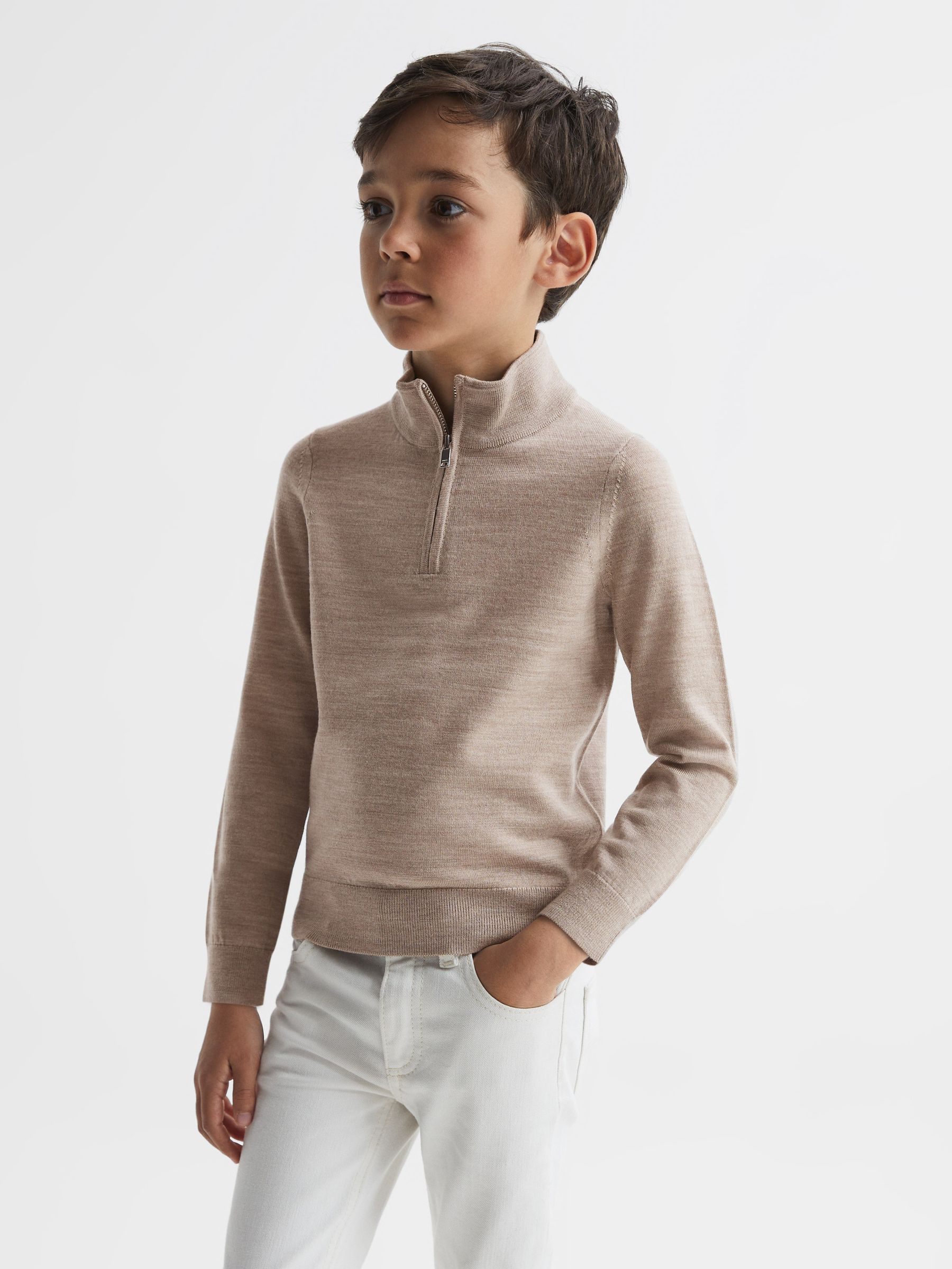 3-9 yrs Merino Wool Zip-Neck Jumper in Wheat Melange