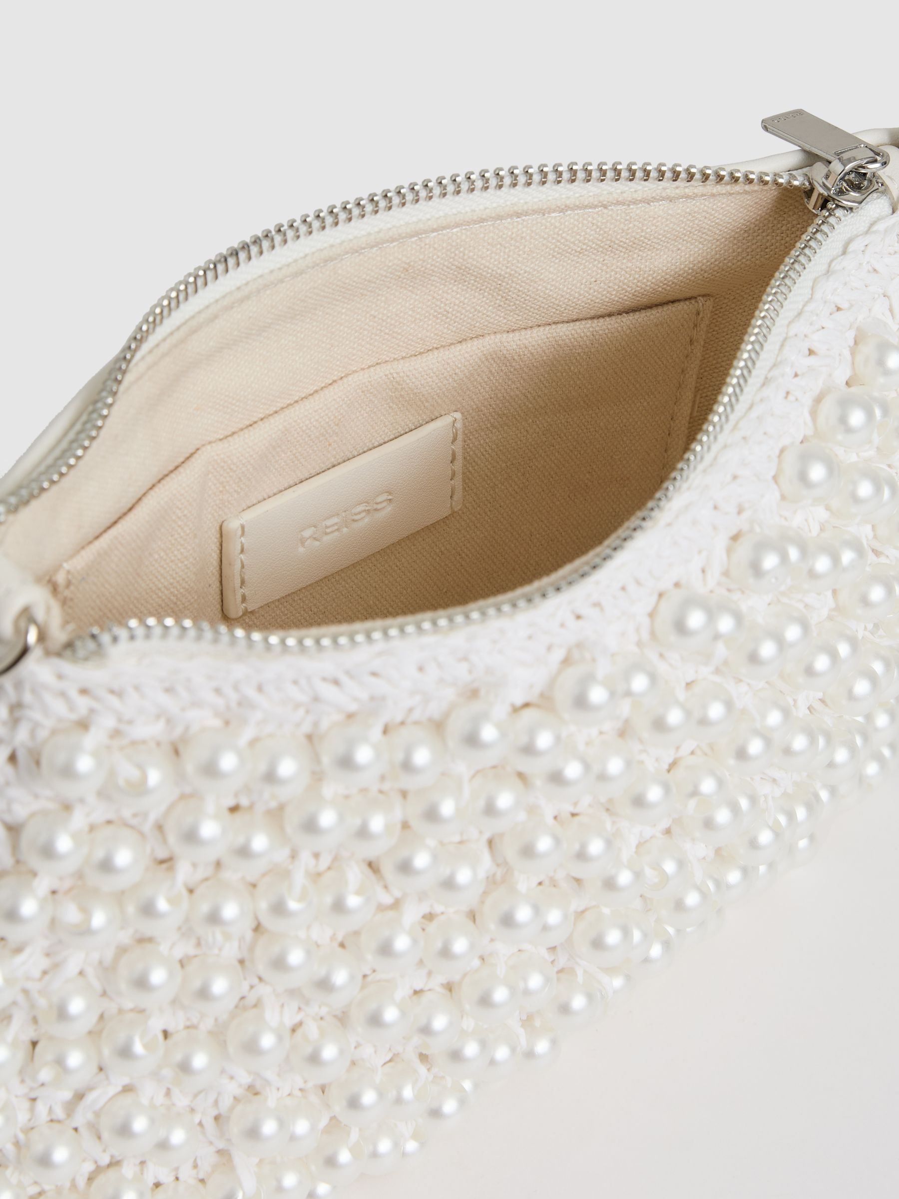 Faux-Pearl Raffia Shoulder Bag in White