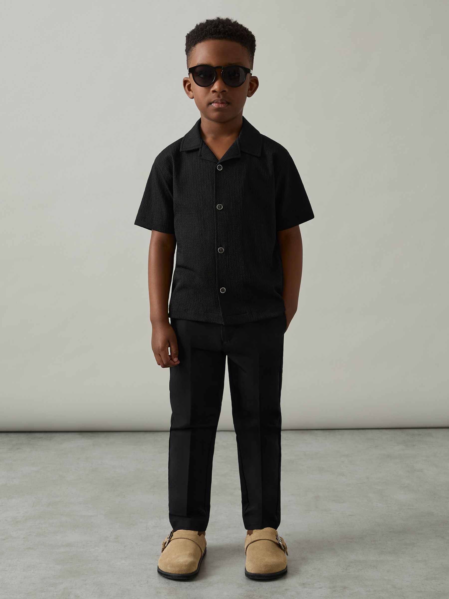3-9 yrs Textured Cuban Collar Shirt in Black