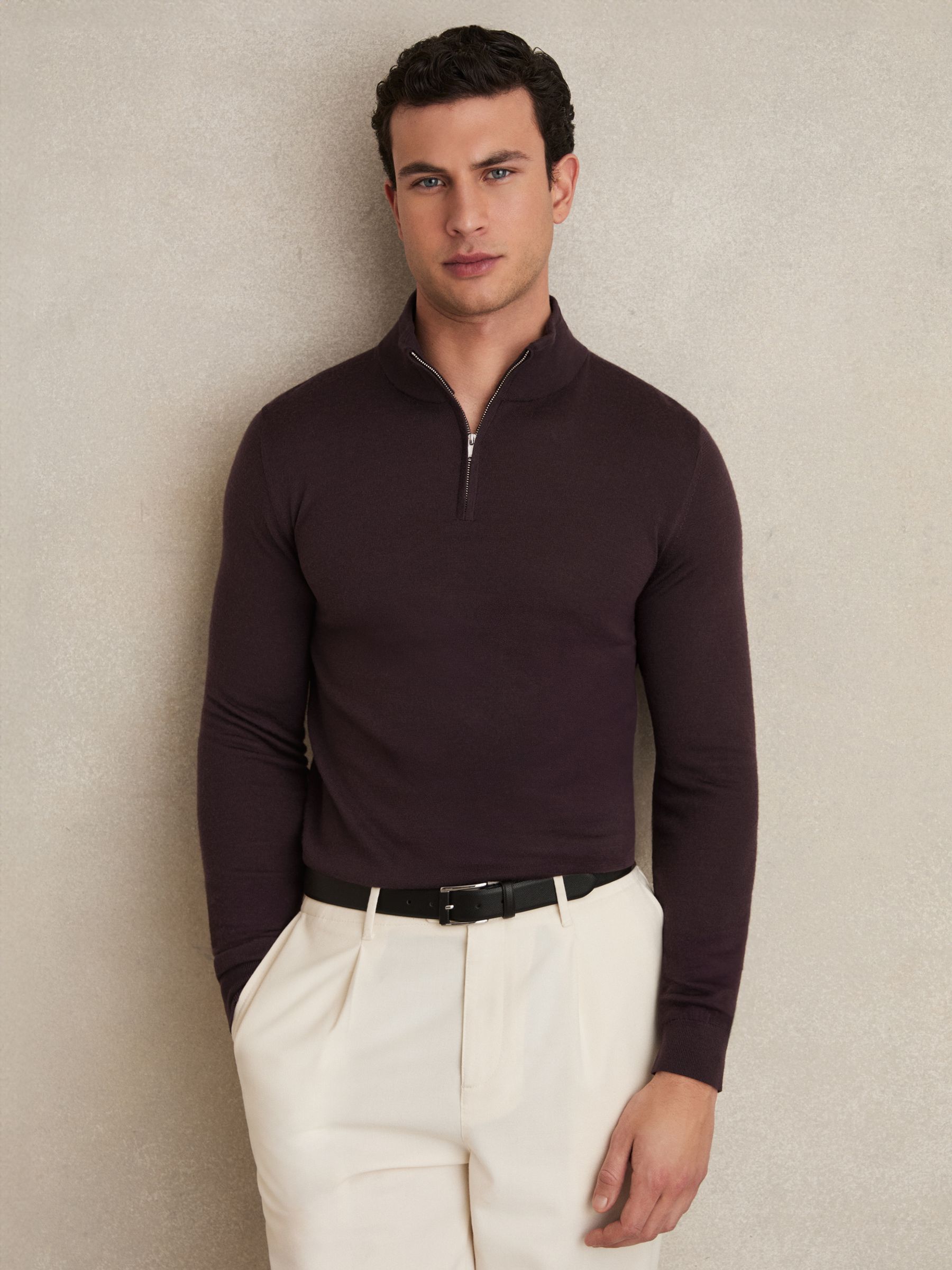 Merino Wool Half-Zip Funnel Neck Jumper in Dark Bordeaux