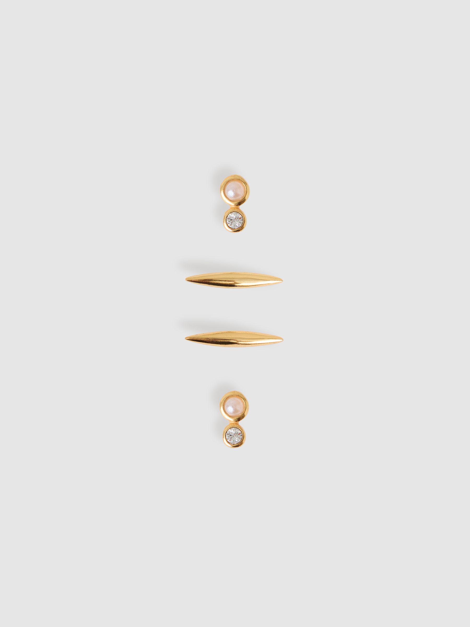 Micro Faux-Pearl And Bar Stud Earrings Set in Gold Tone