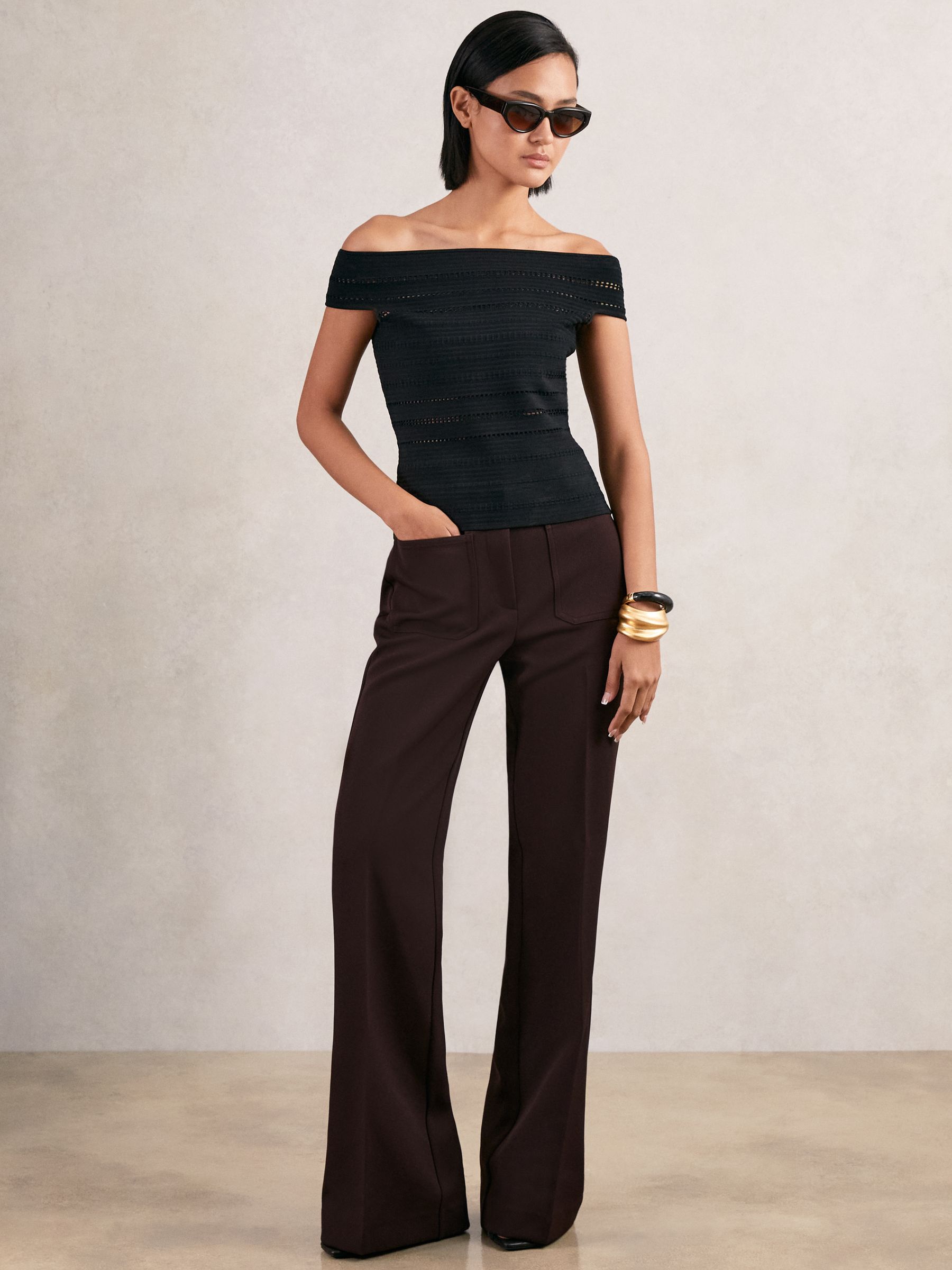Twill Patch-Pocket Flared Trousers in Chocolate Brown