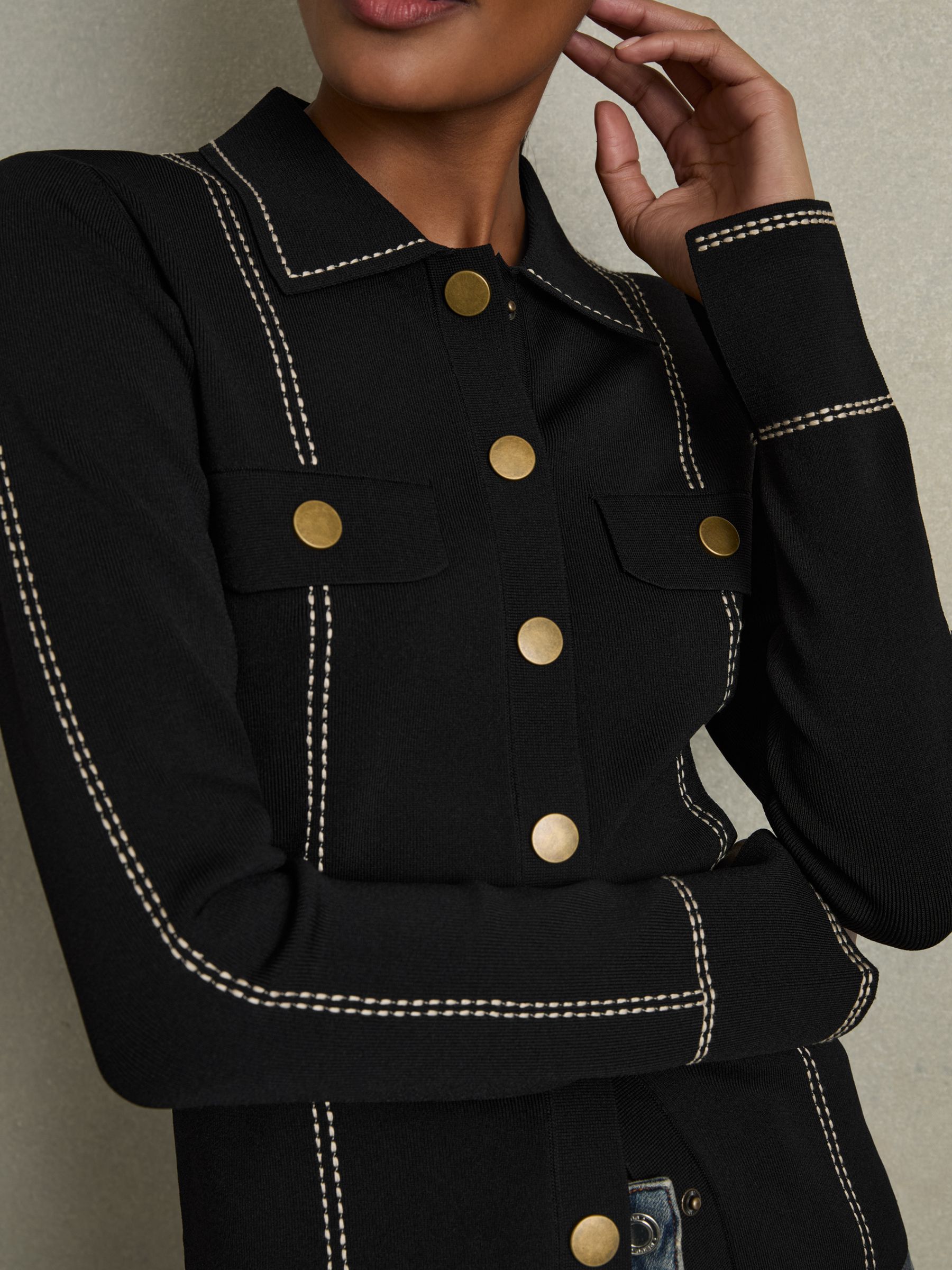 Compact-Knit Topstitched Press-Stud Top in Black