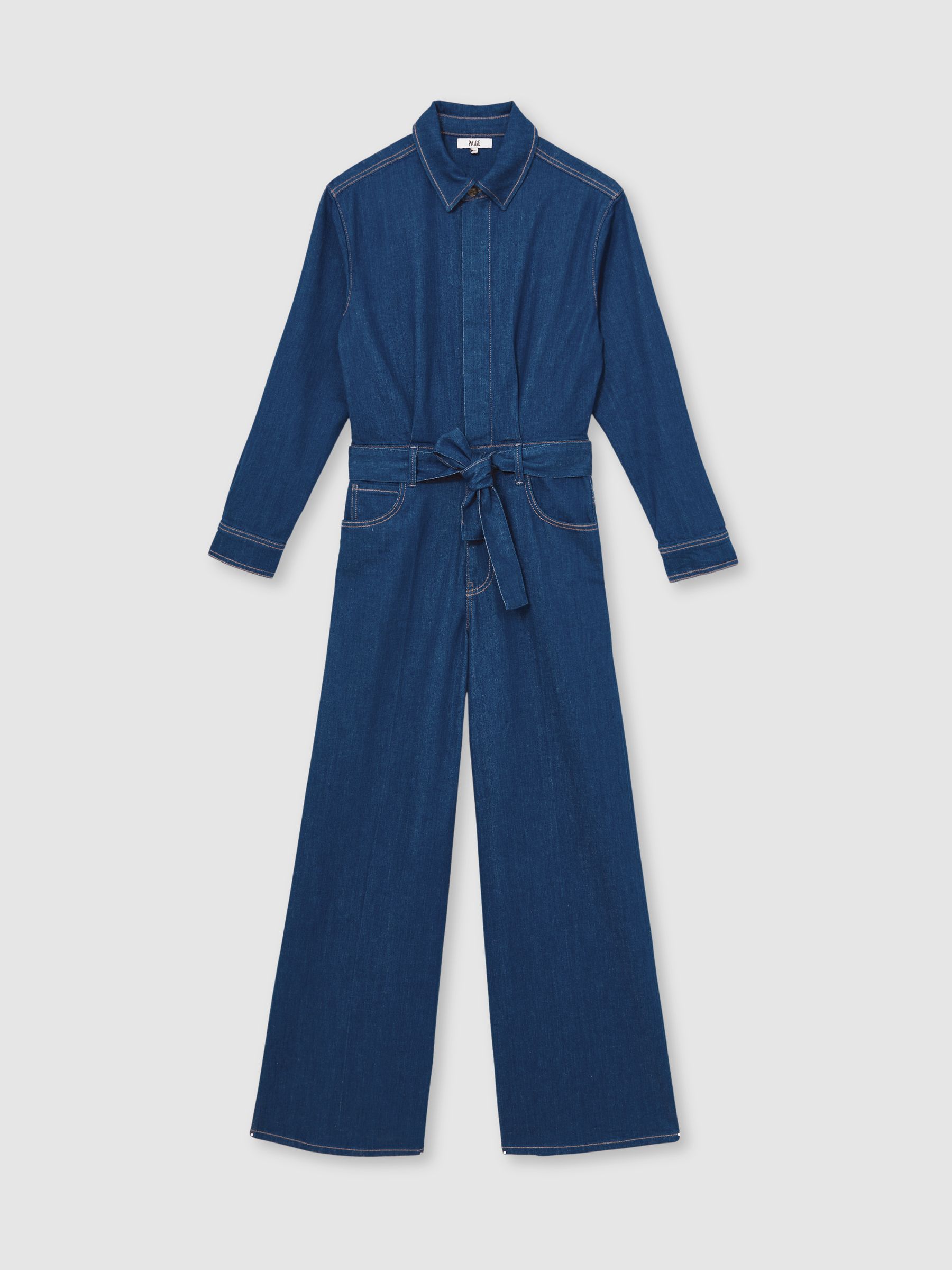 Paige Maraya Blue Wide Leg Belted Denim Jumpsuit in Maraya Blue