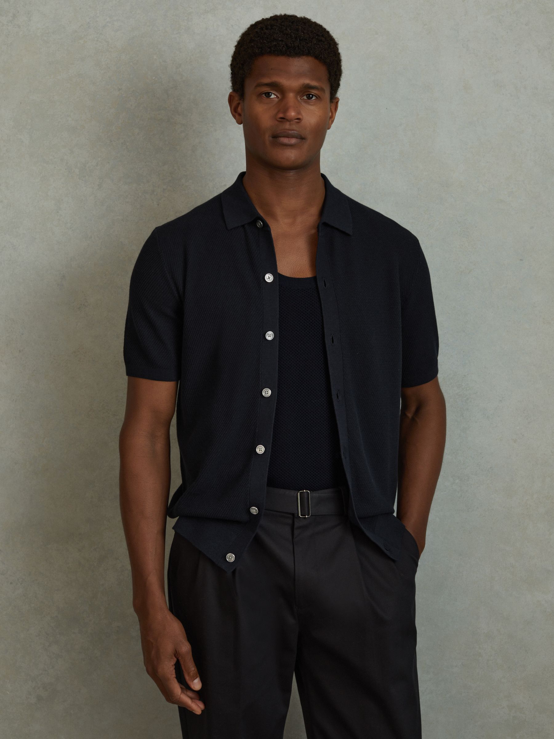 Cotton Blend Textured Shirt in Navy