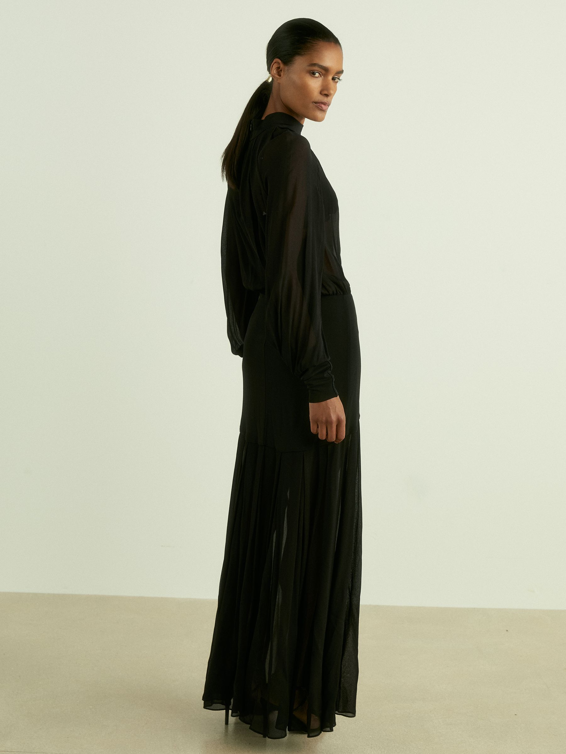 Sheer Jersey Gathered Maxi Dress in Black