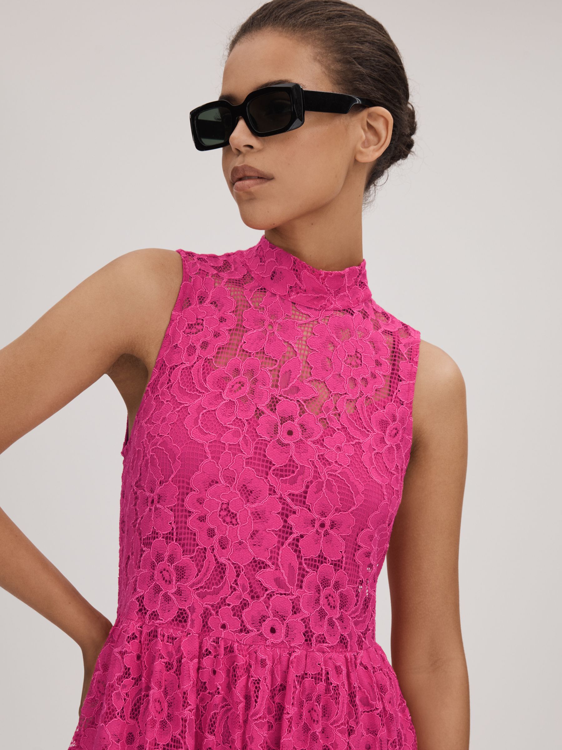 Florere Lace Tie Back Midi Dress in Bright Pink