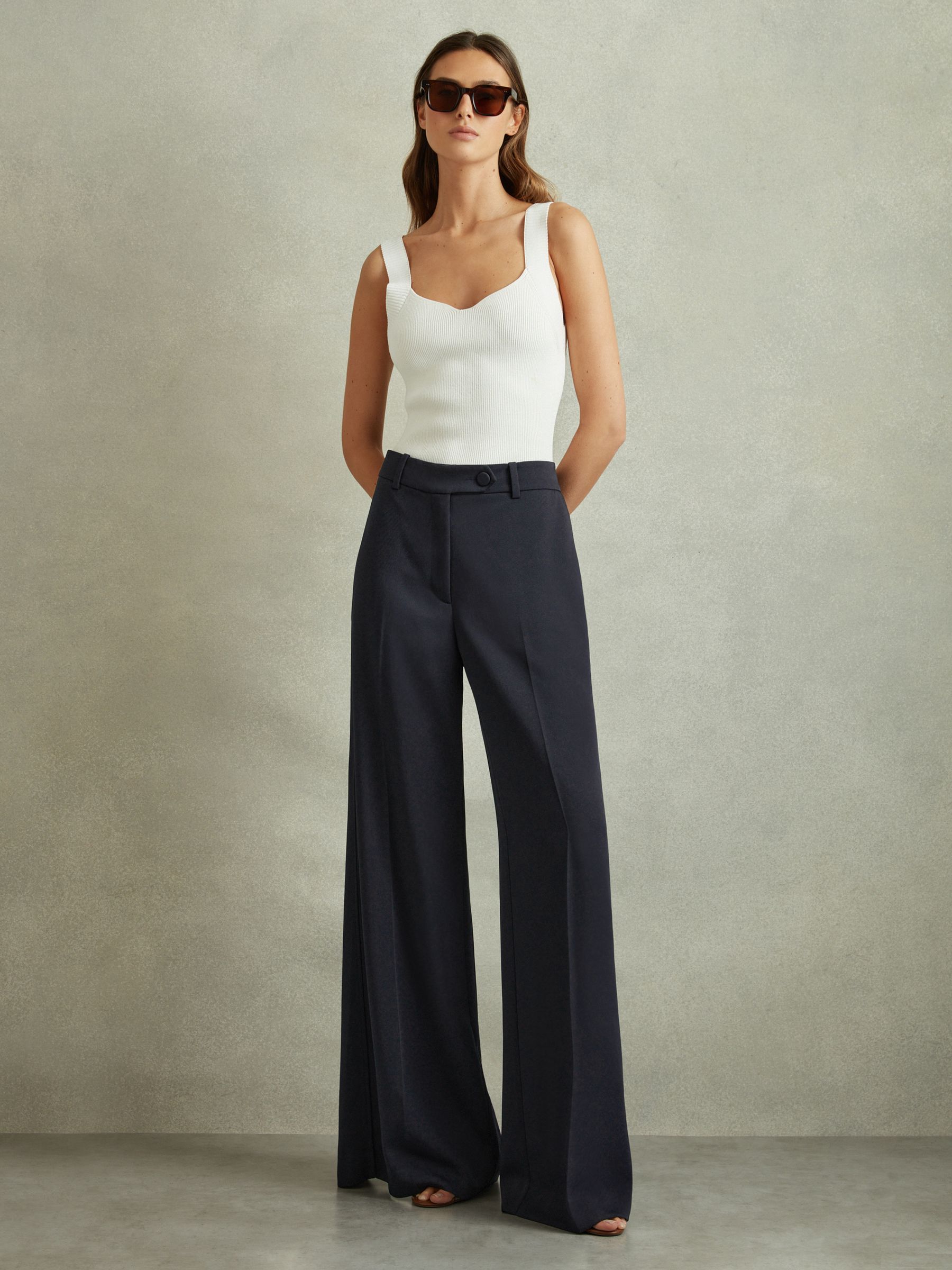 Wide Leg Split Hem Trousers in Navy
