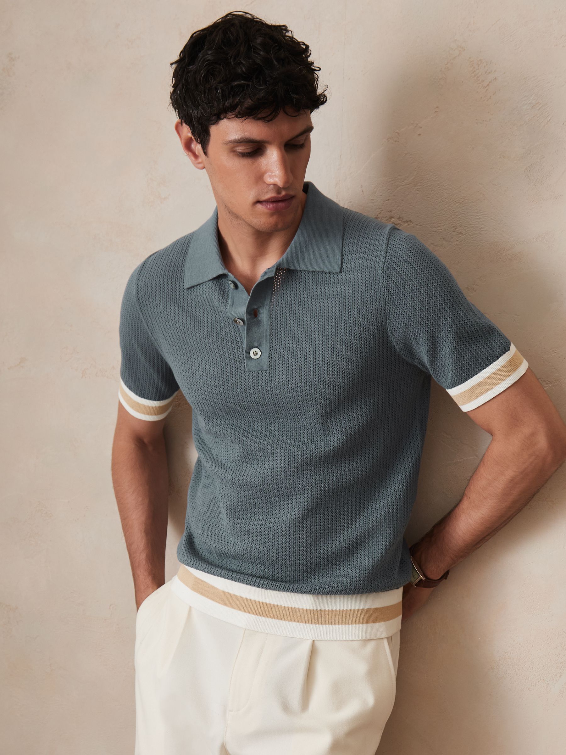 Reiss | Ché Cotton Knit Polo Shirt in Airforce Blue