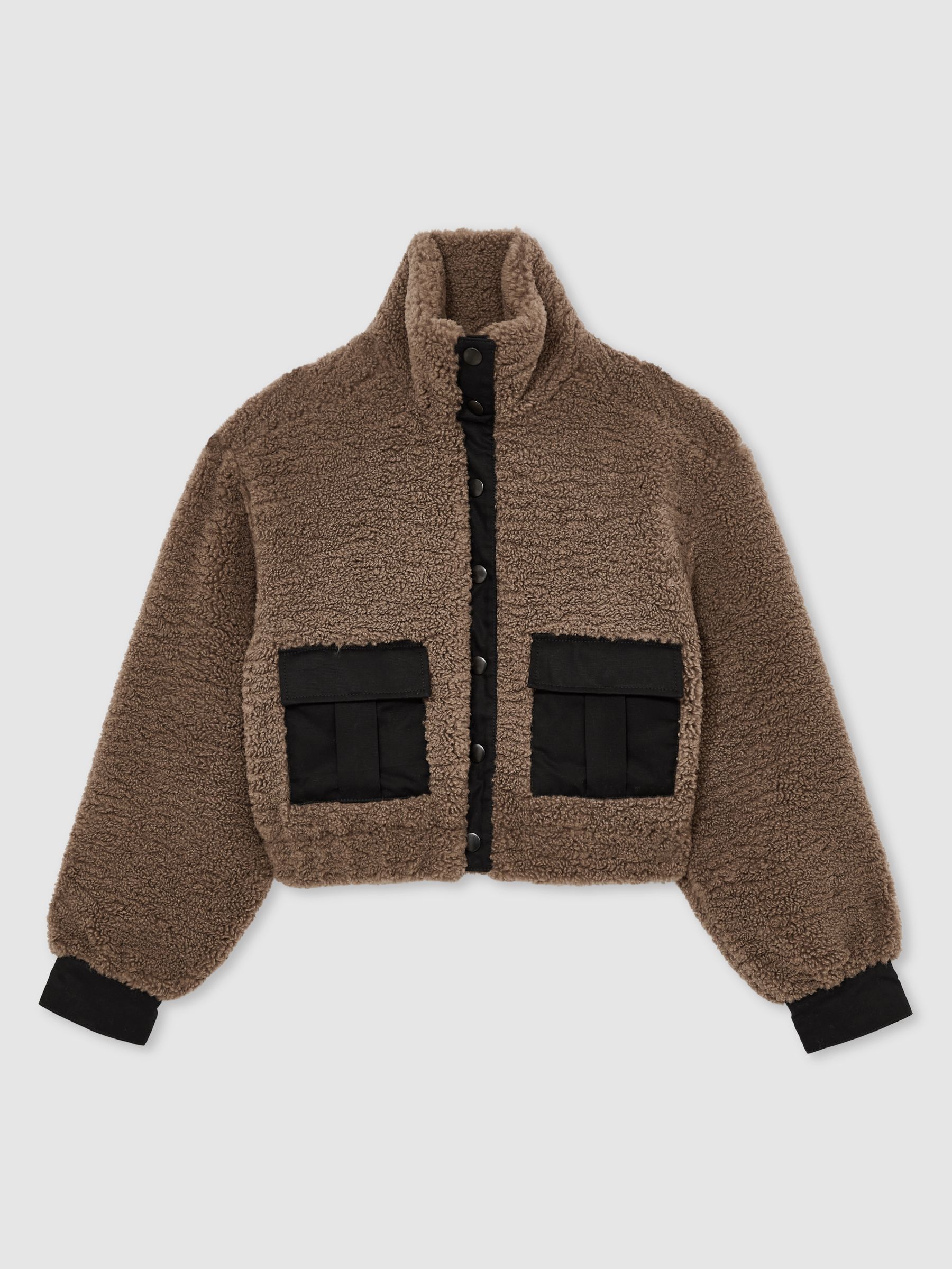 Paige Faux-Shearling Press-Stud Jacket in Cocoa
