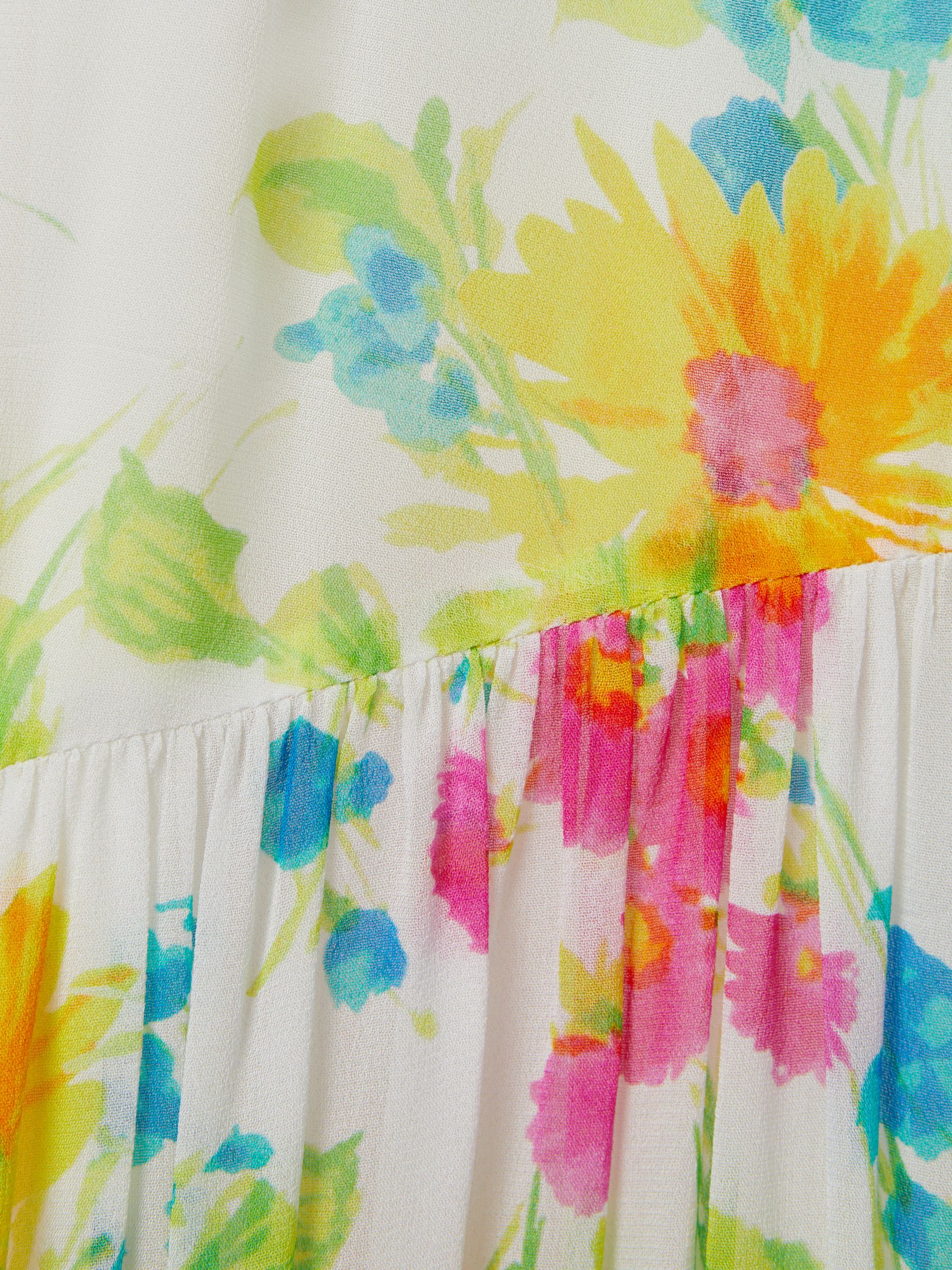 Florere Printed Tie Neck Midi Dress in Ivory/Multi