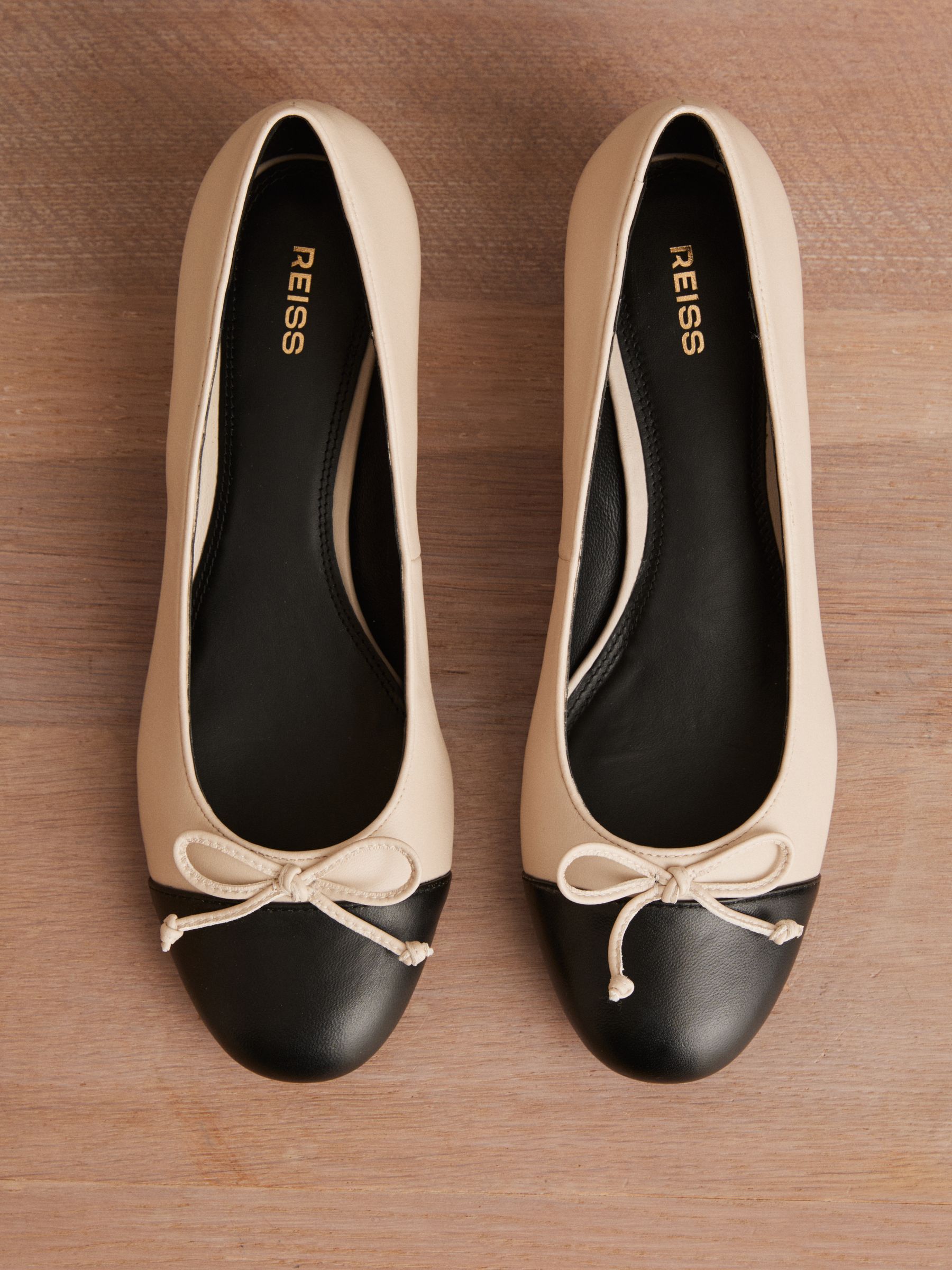Leather Block Heel Ballerina Shoes in White/Black