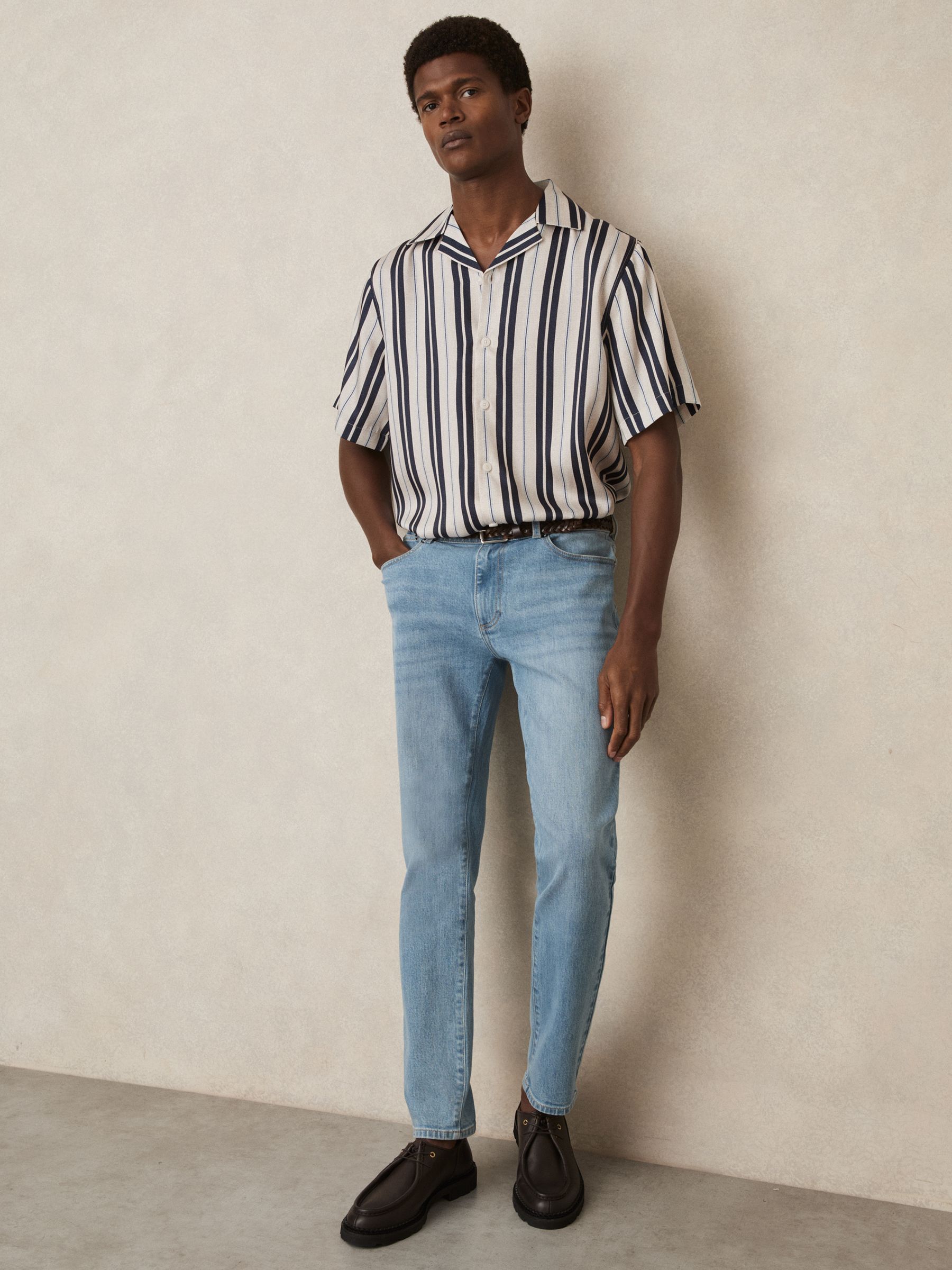 Wide-Stripe Cuban-Collar Shirt in White/Navy