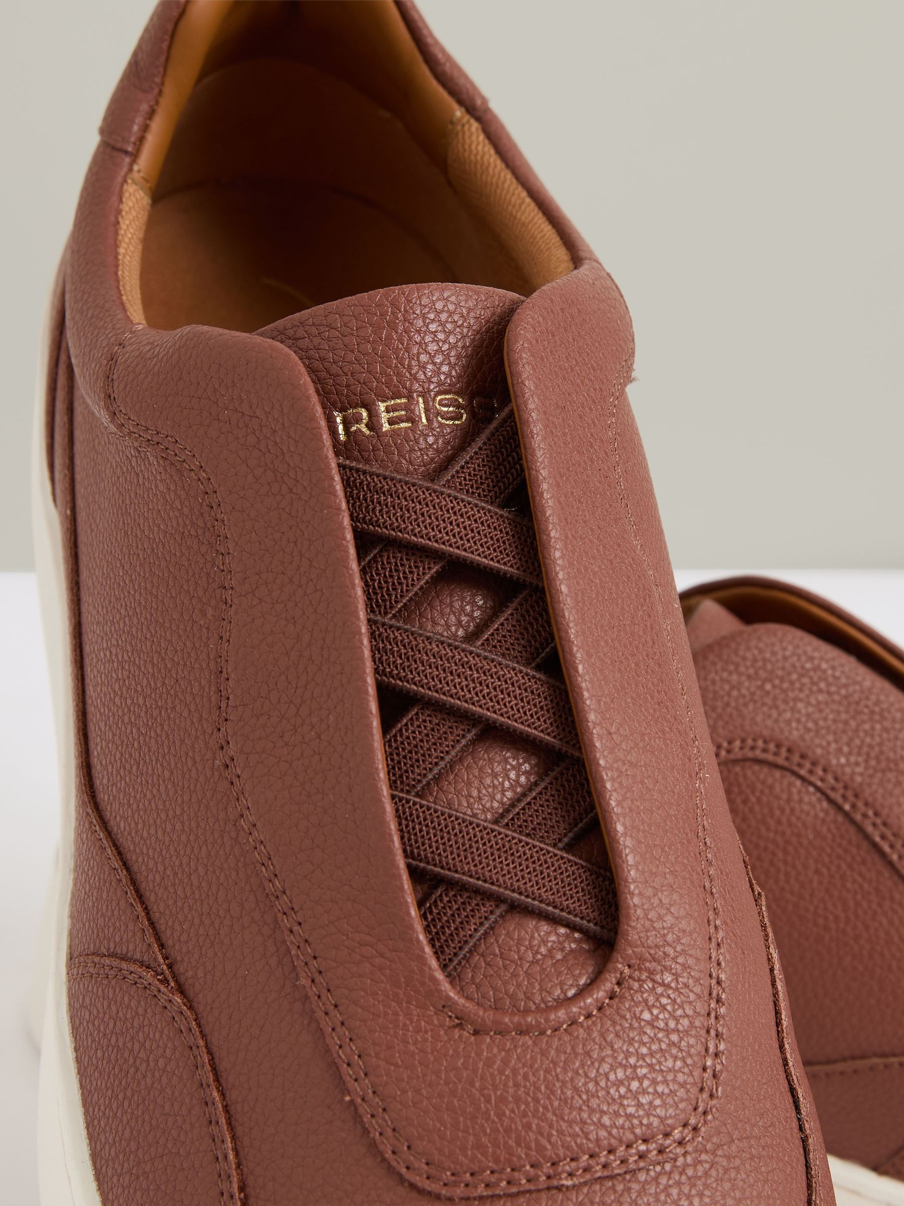 Grained Leather Elasticated Lace Trainers in Terracotta Brown