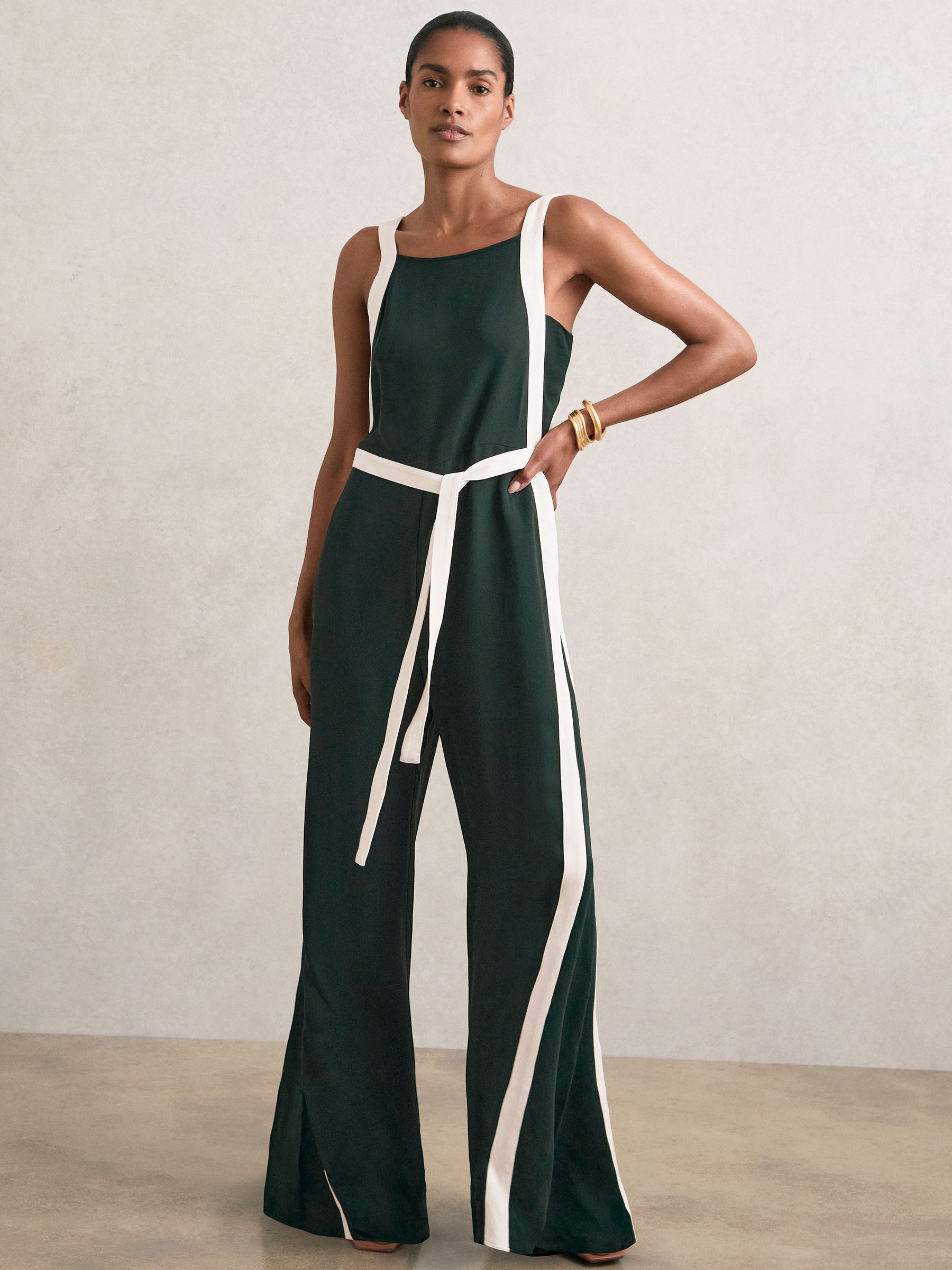 Petite Colourblock Wide Leg Belted Jumpsuit in Dark Green/Cream