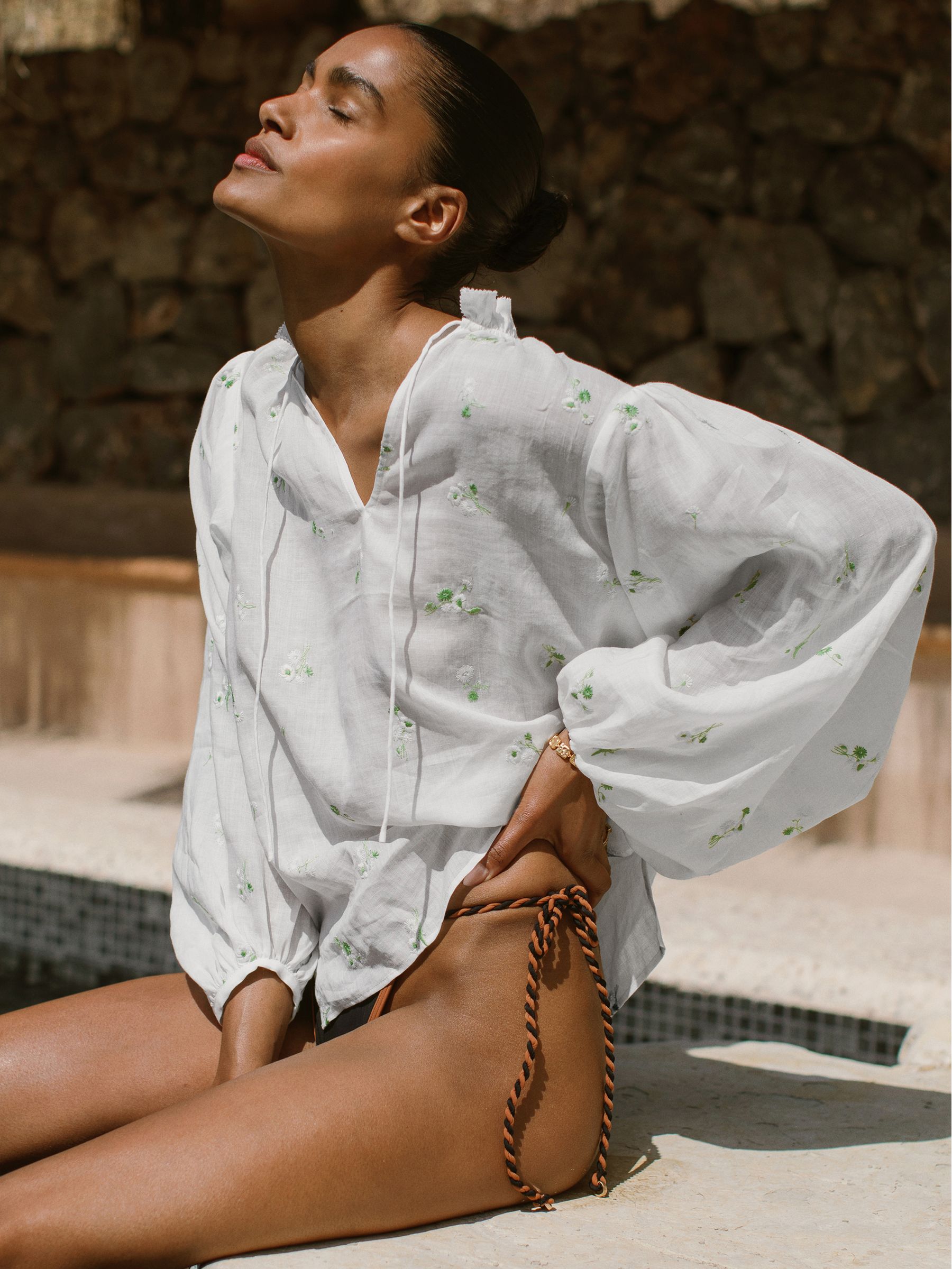 Floral-Embroidered Tie-Neck Blouse Ramie-Lyocell in Ivory