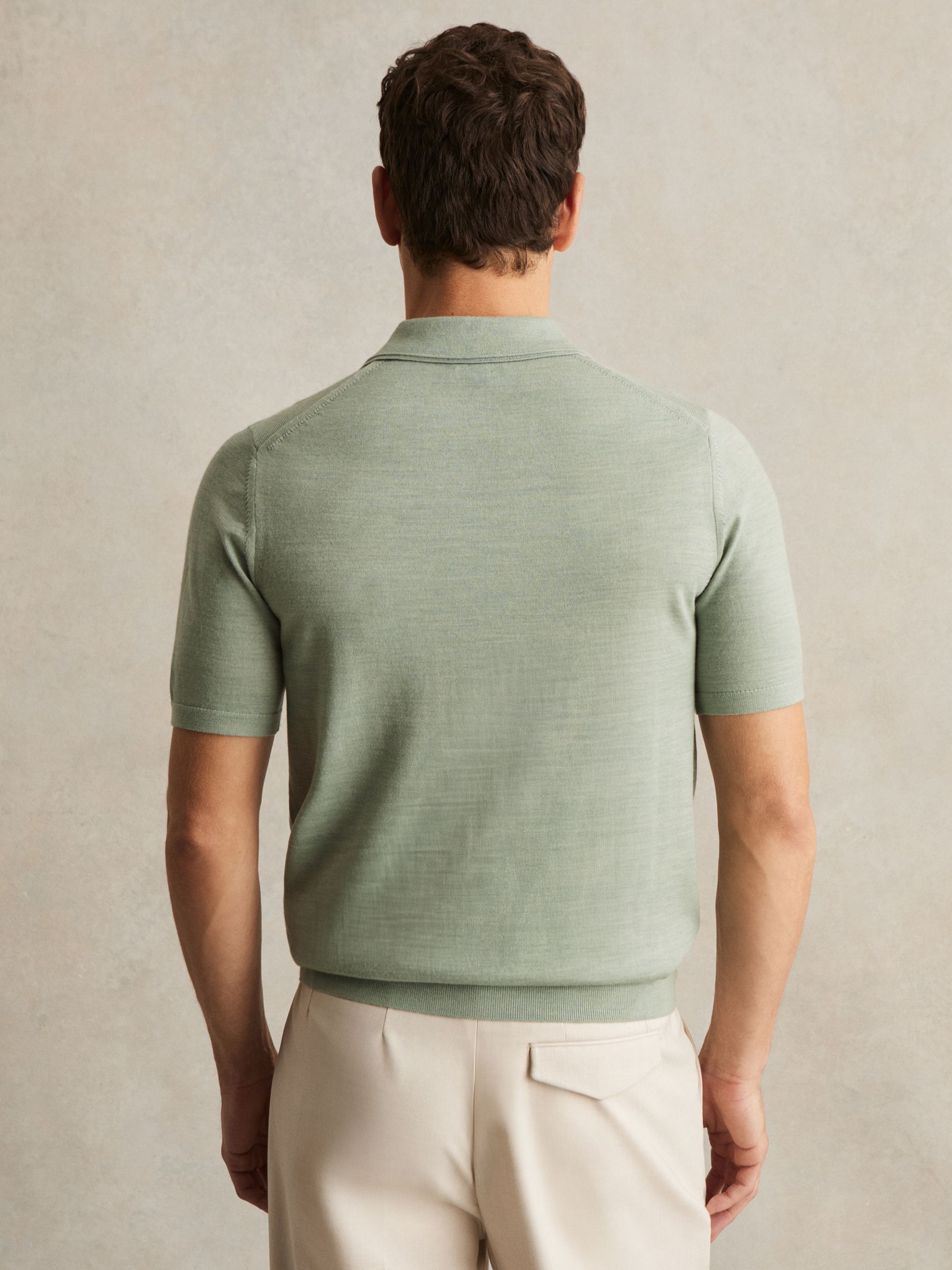 Merino Wool Open-Collar Polo Shirt in Sage Green Melange