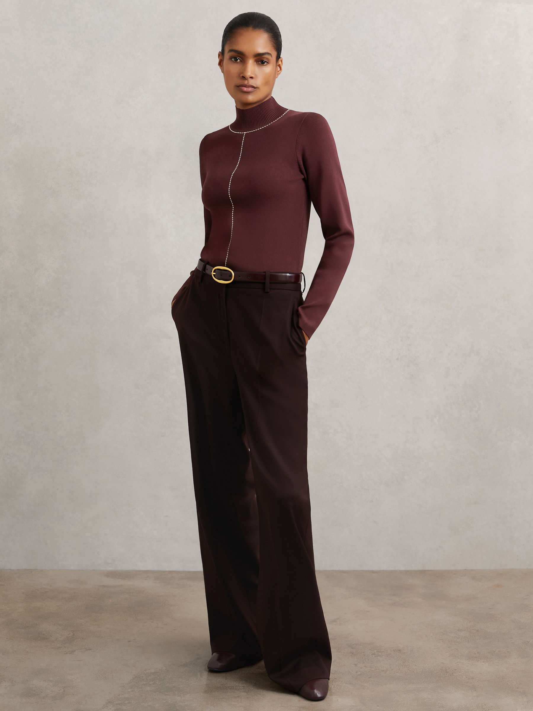 Stitch-Detail Funnel-Neck Jumper in Burgundy/Camel