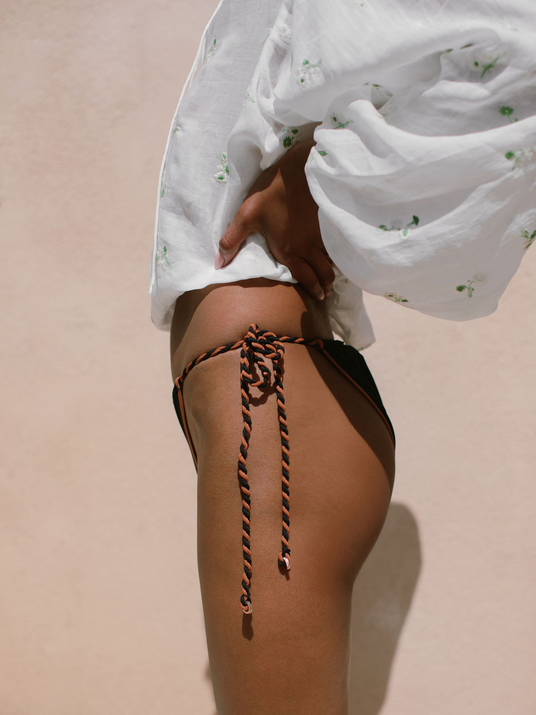 Twist-Strap Tie-Side Bikini Bottoms in Black/Brown