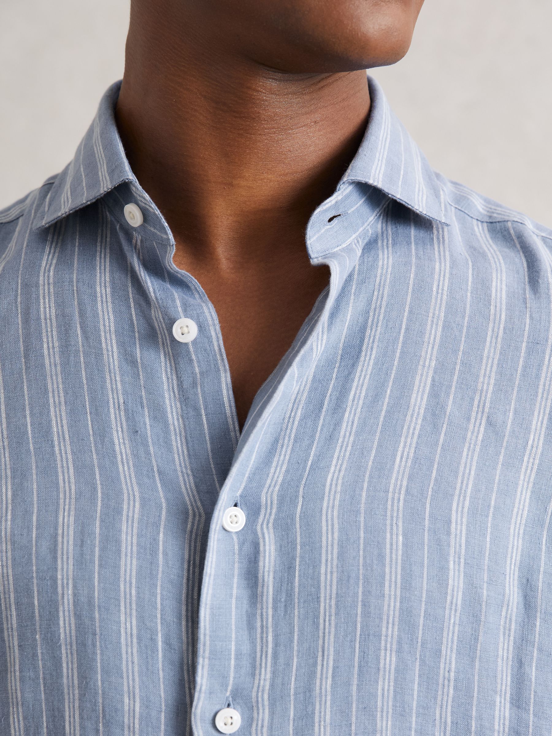 Linen Striped Cutaway-Collar Shirt in Airforce Blue/White