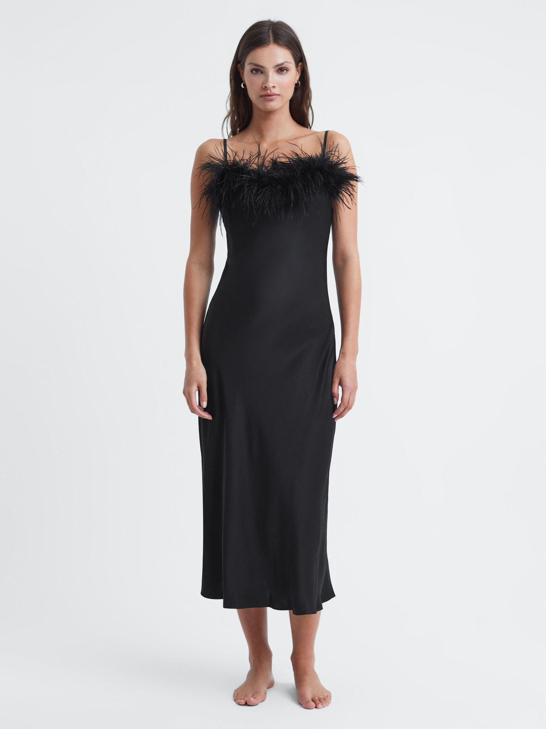 Sleeper Feather Midi Slip Dress in Black