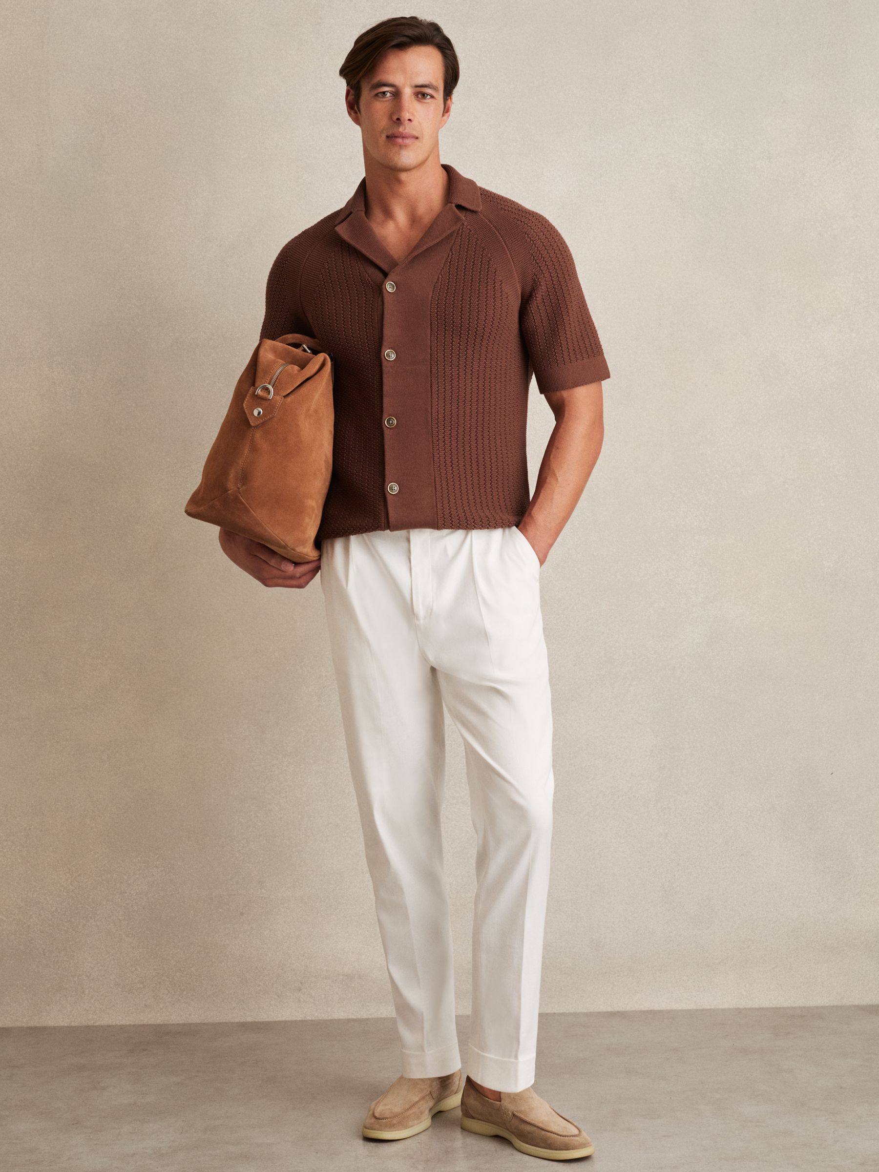 Cotton Textured-Knit Cuban-Collar Shirt in Tobacco Brown