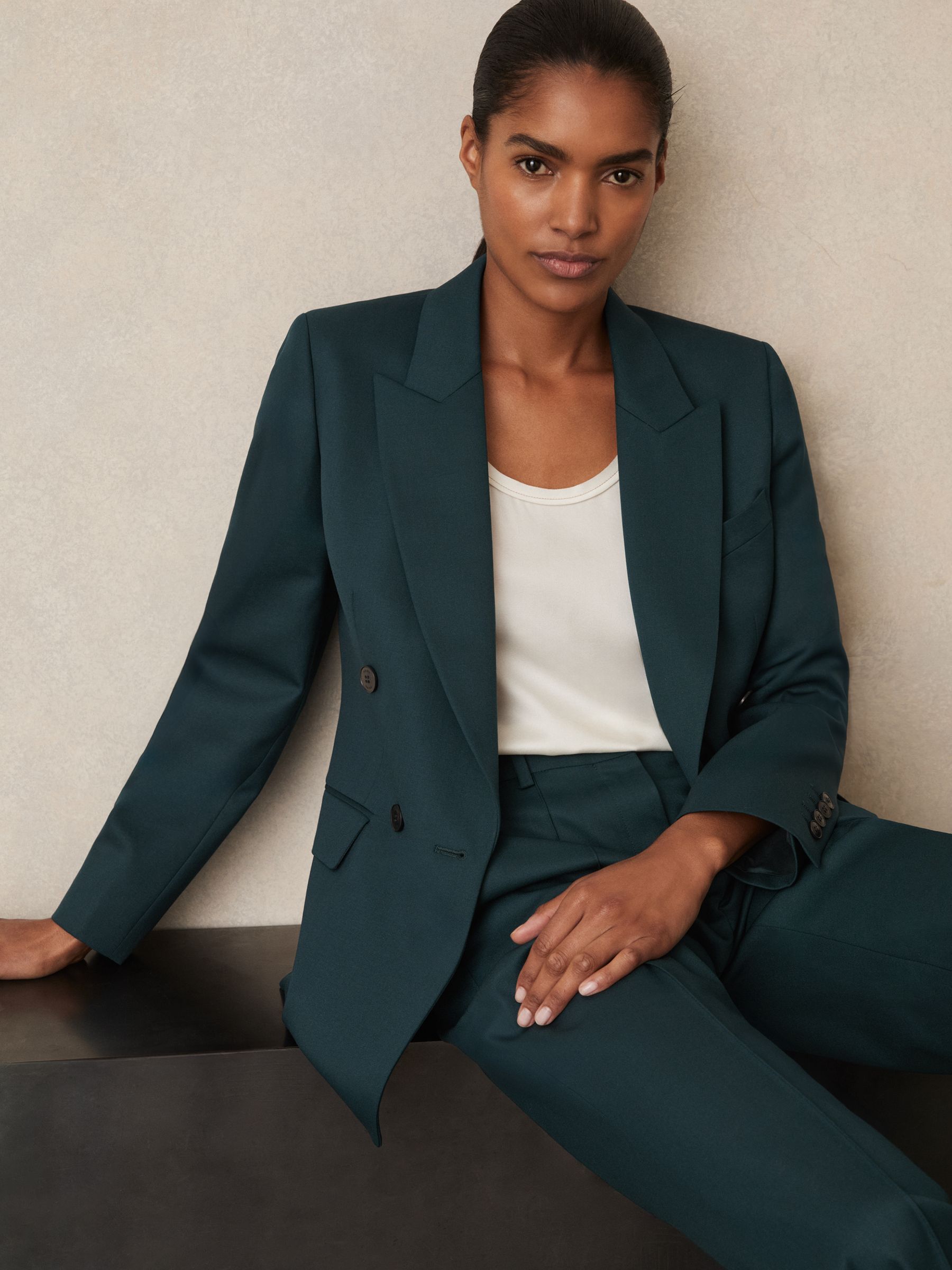 Wool-Blend Double-Breasted Suit Blazer in Green